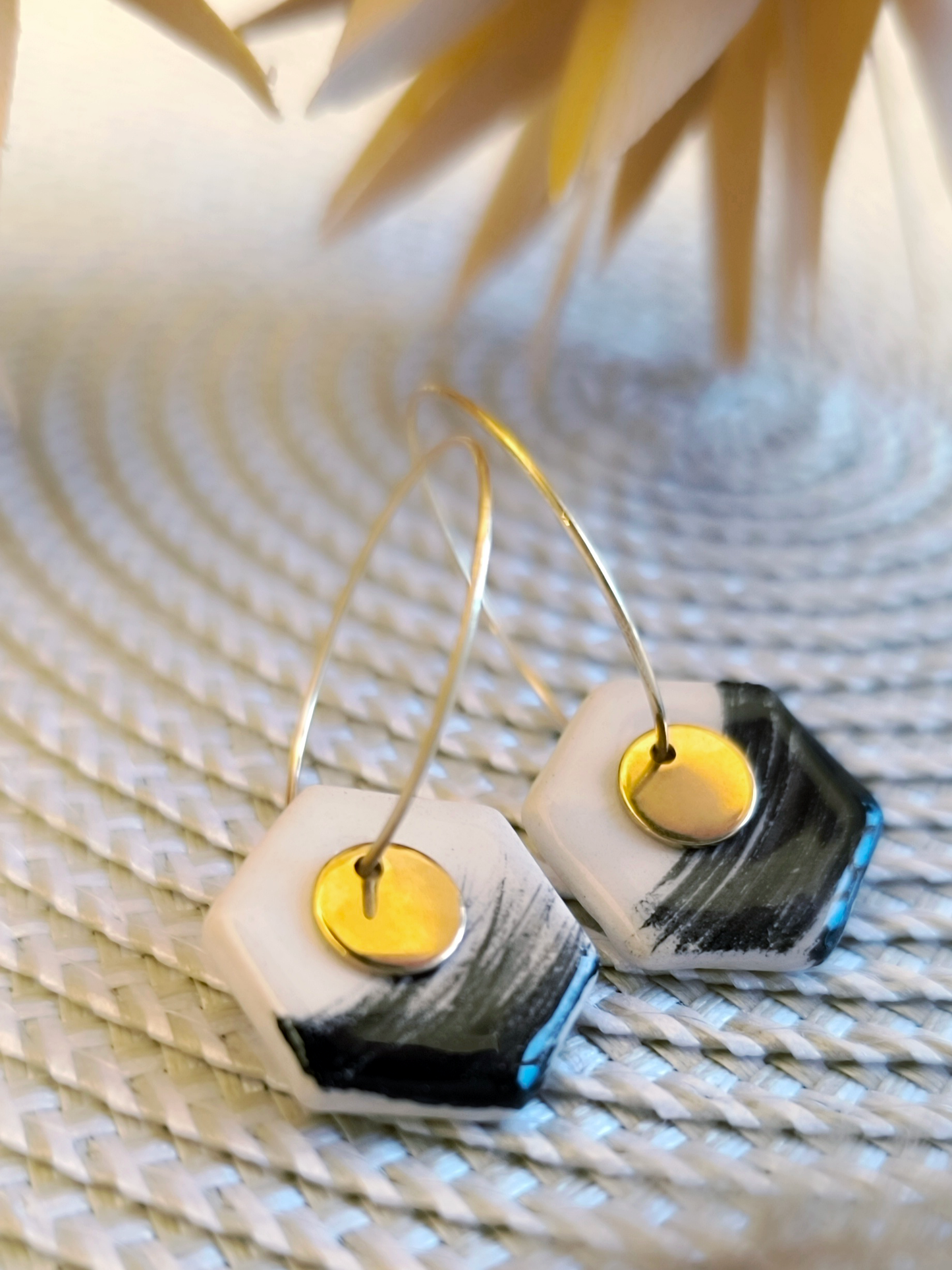 HEXAGON SHAPED ceramic dangle earrings, WHITE & BLACK