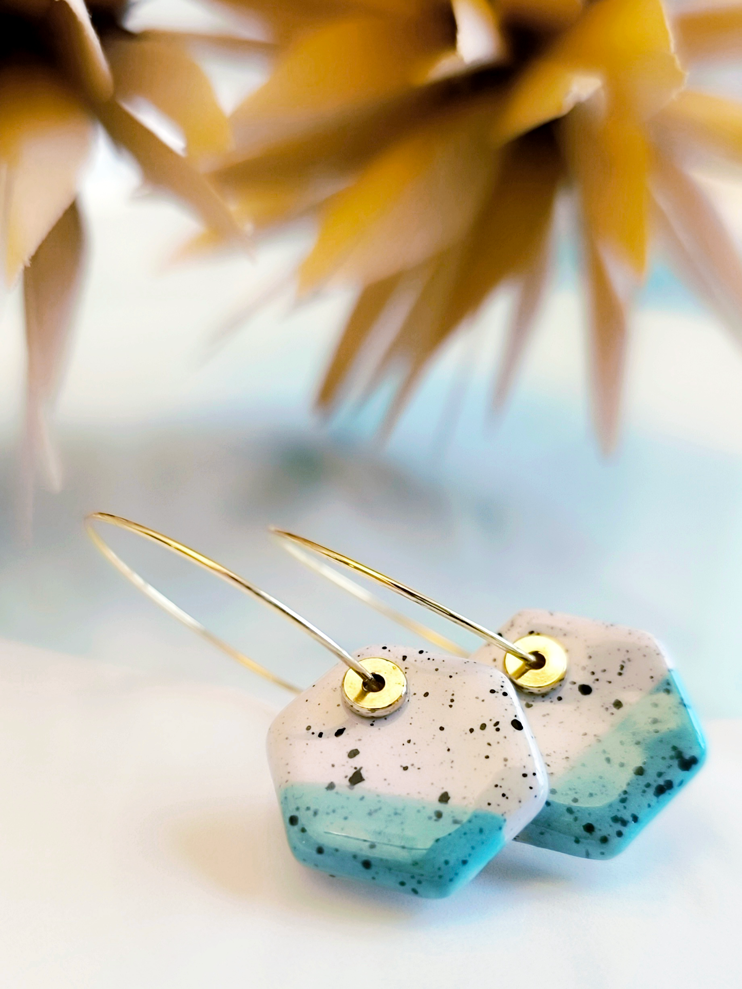 HEXAGON SHAPED ceramic dangle earrings, WHITE & TURQUOISE