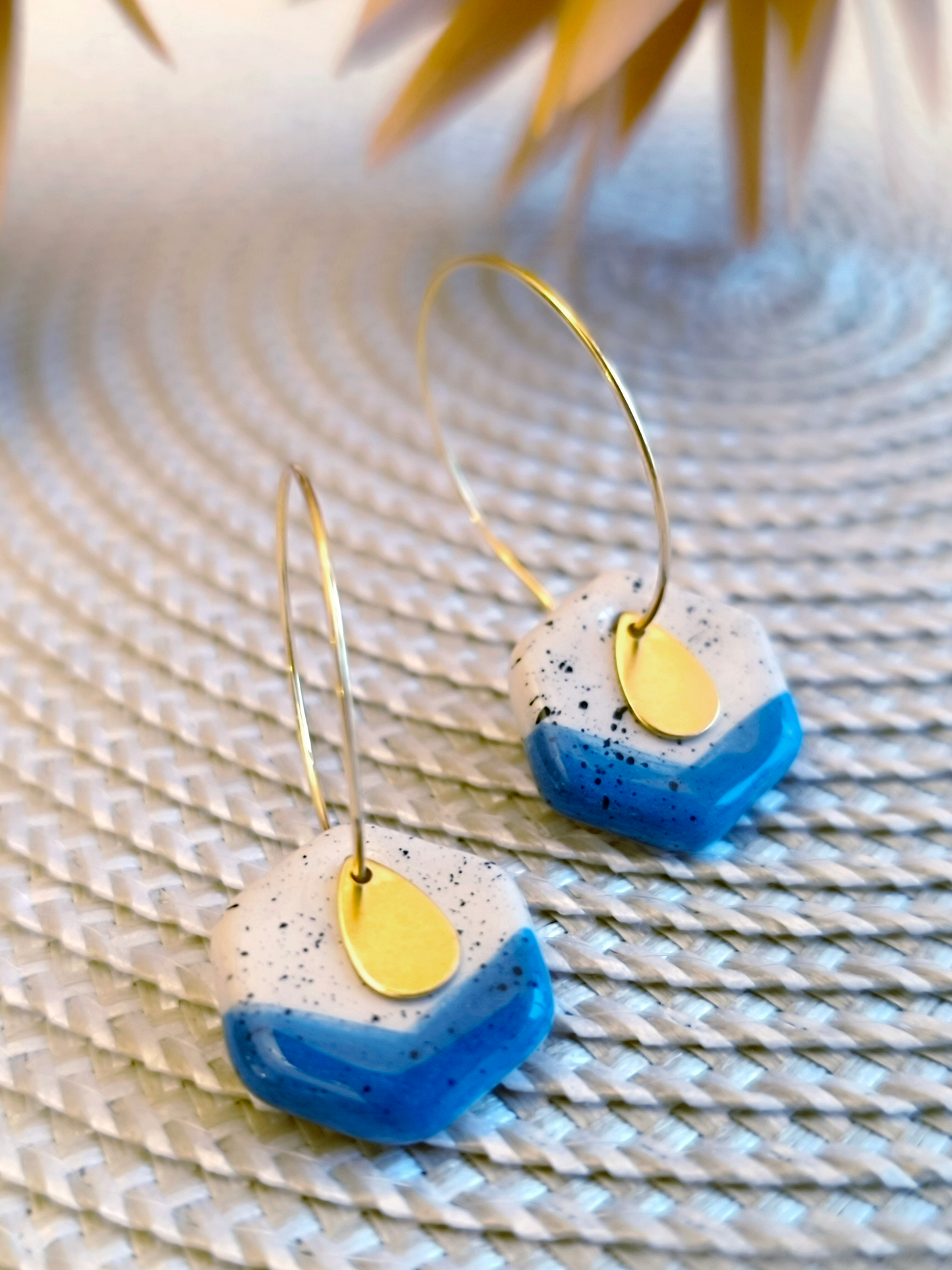 HEXAGON SHAPED ceramic dangle earrings, WHITE & BLUE