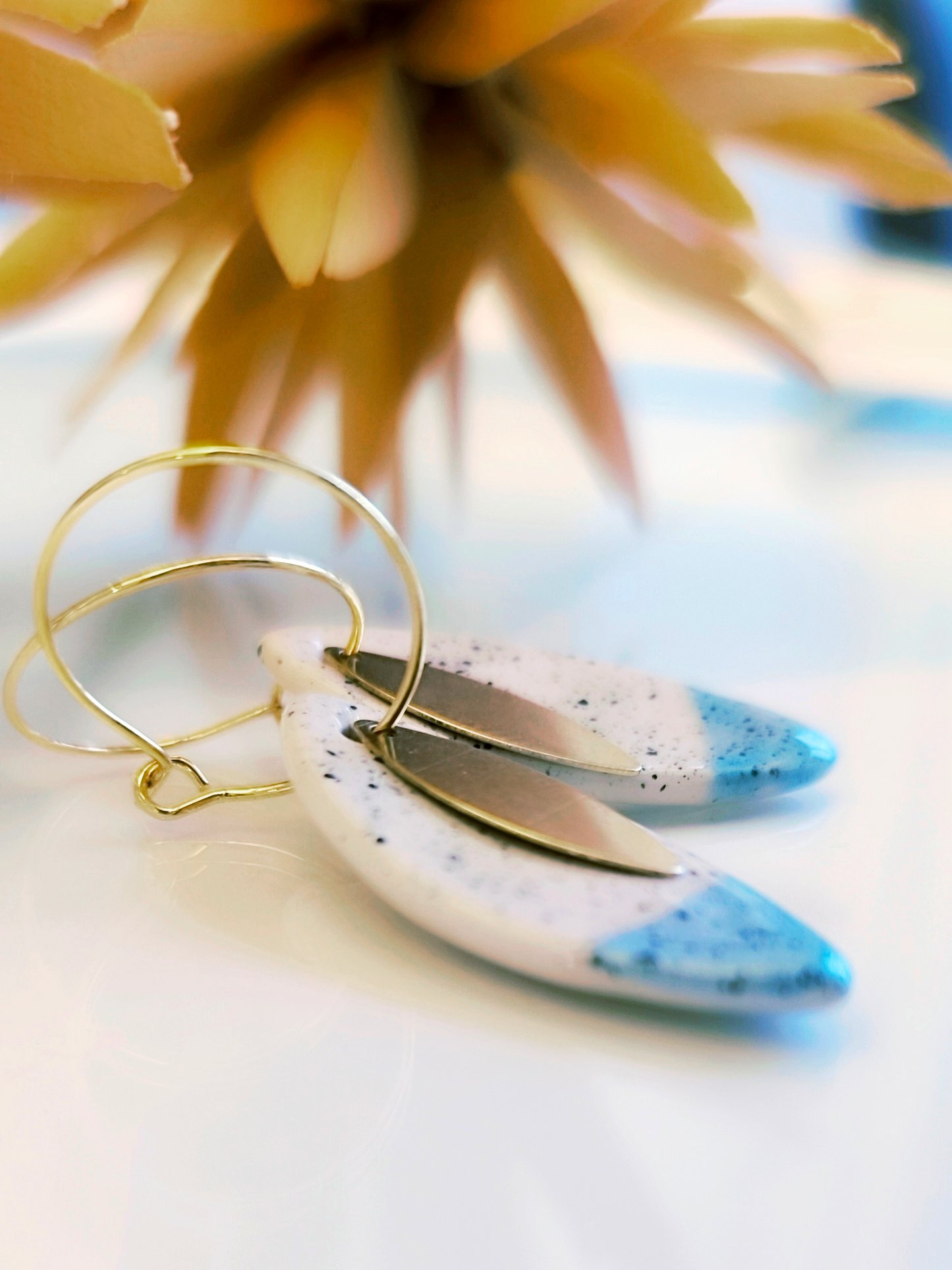 MARQUISE SHAPED ceramic dangle earrings, WHITE & TURQUOISE