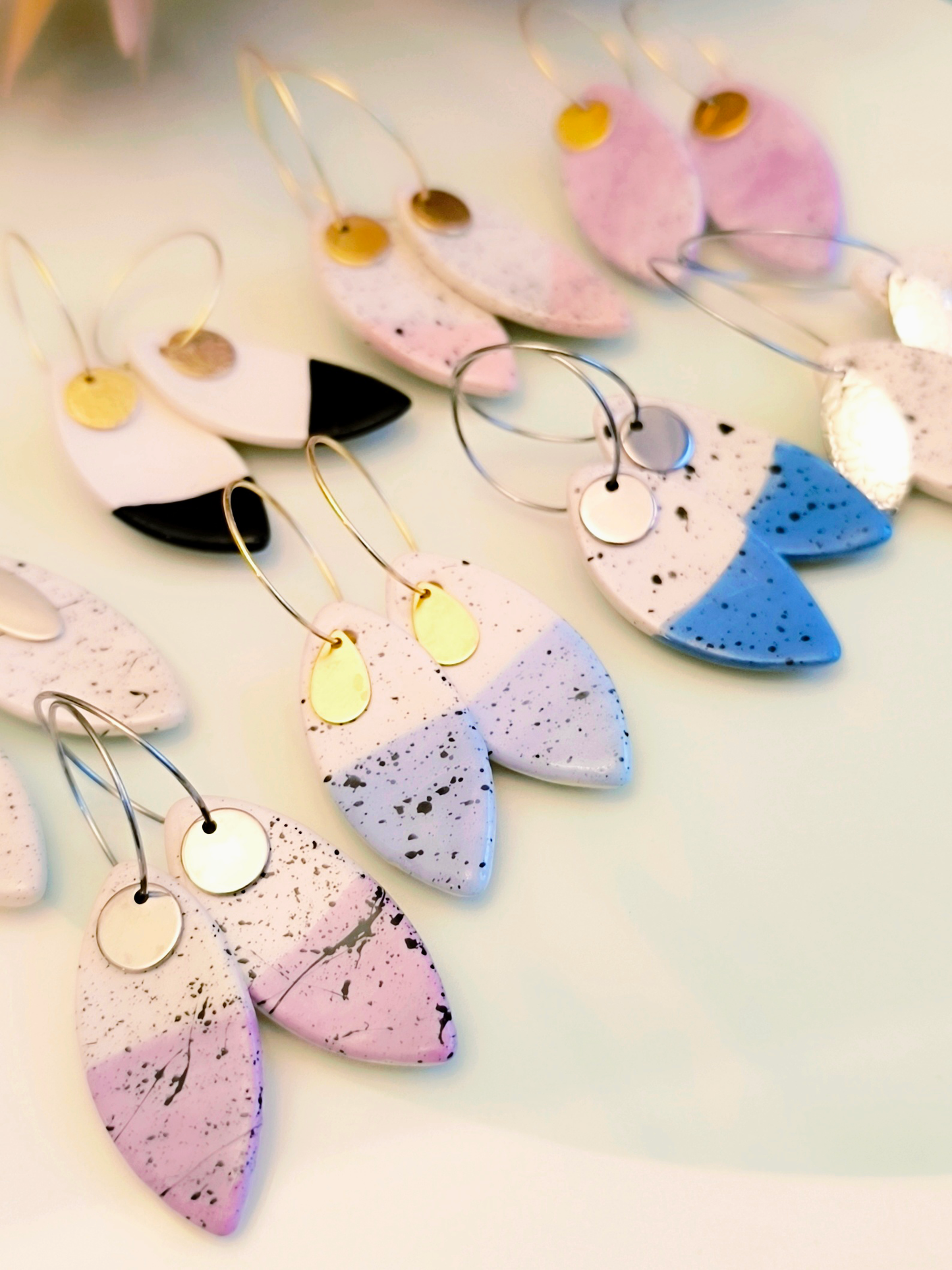 MARQUISE SHAPED ceramic dangle earrings, WHITE & BLUE