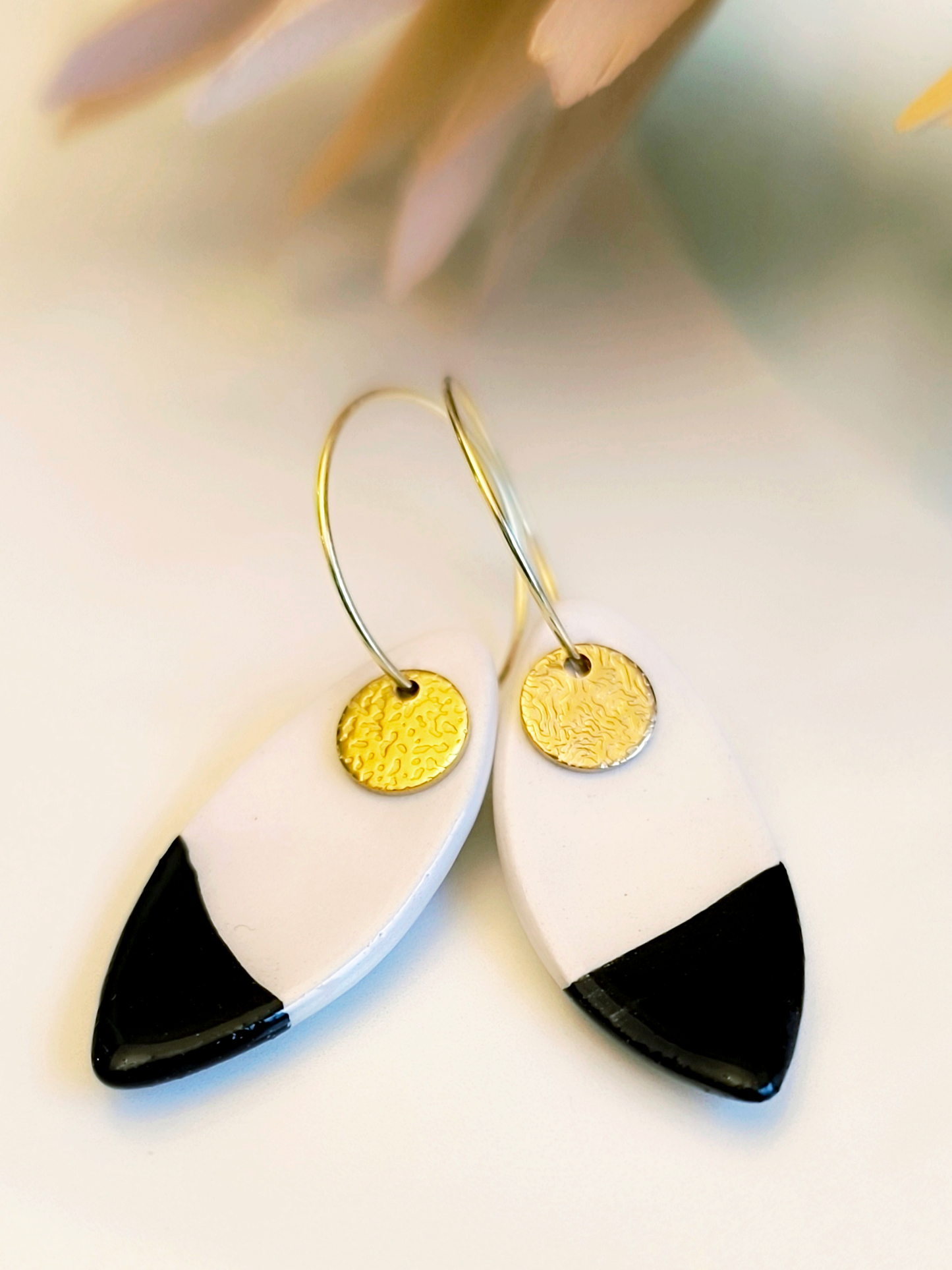 MARQUISE SHAPED ceramic dangle earrings, WHITE & BLACK