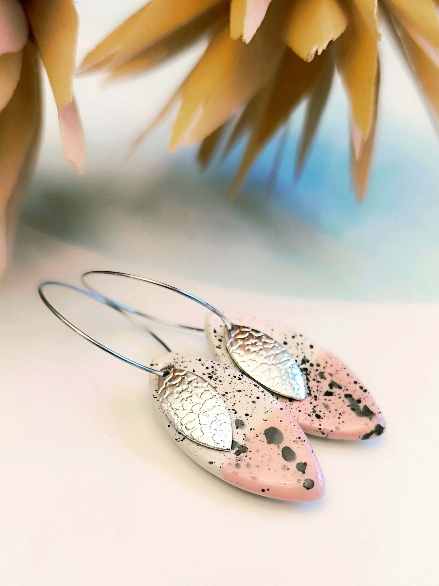 MARQUISE SHAPED ceramic dangle earrings, WHITE & PINK