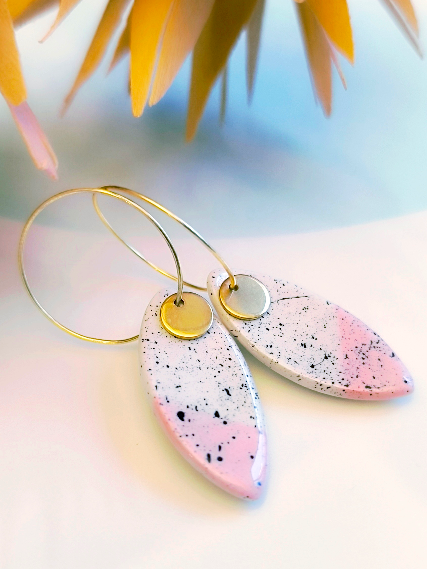 MARQUISE SHAPED ceramic dangle earrings, WHITE & PINK