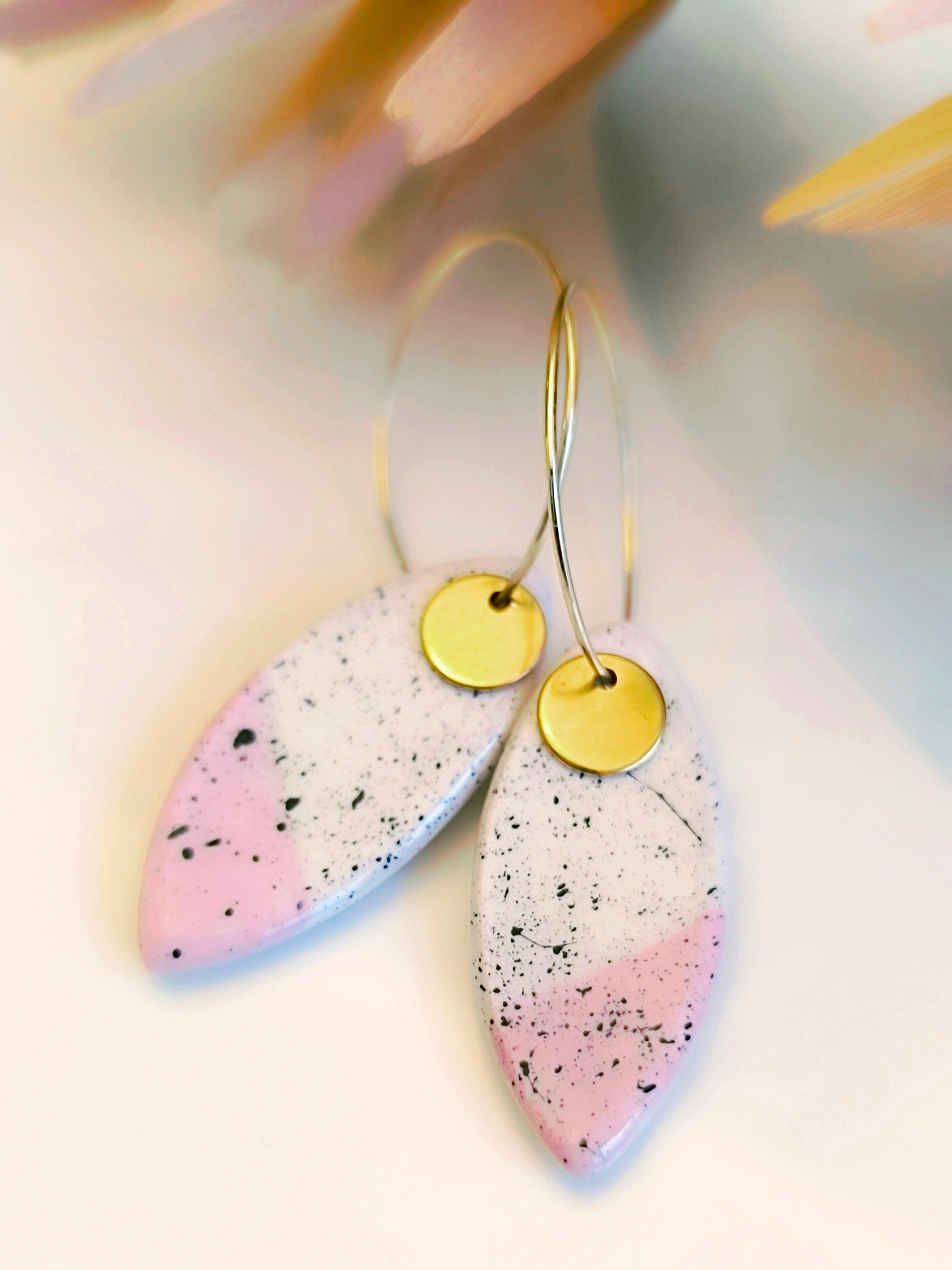 MARQUISE SHAPED ceramic dangle earrings, WHITE & PINK