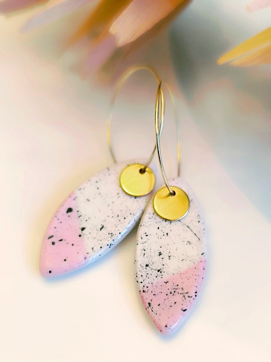 MARQUISE SHAPED ceramic dangle earrings, WHITE & PINK