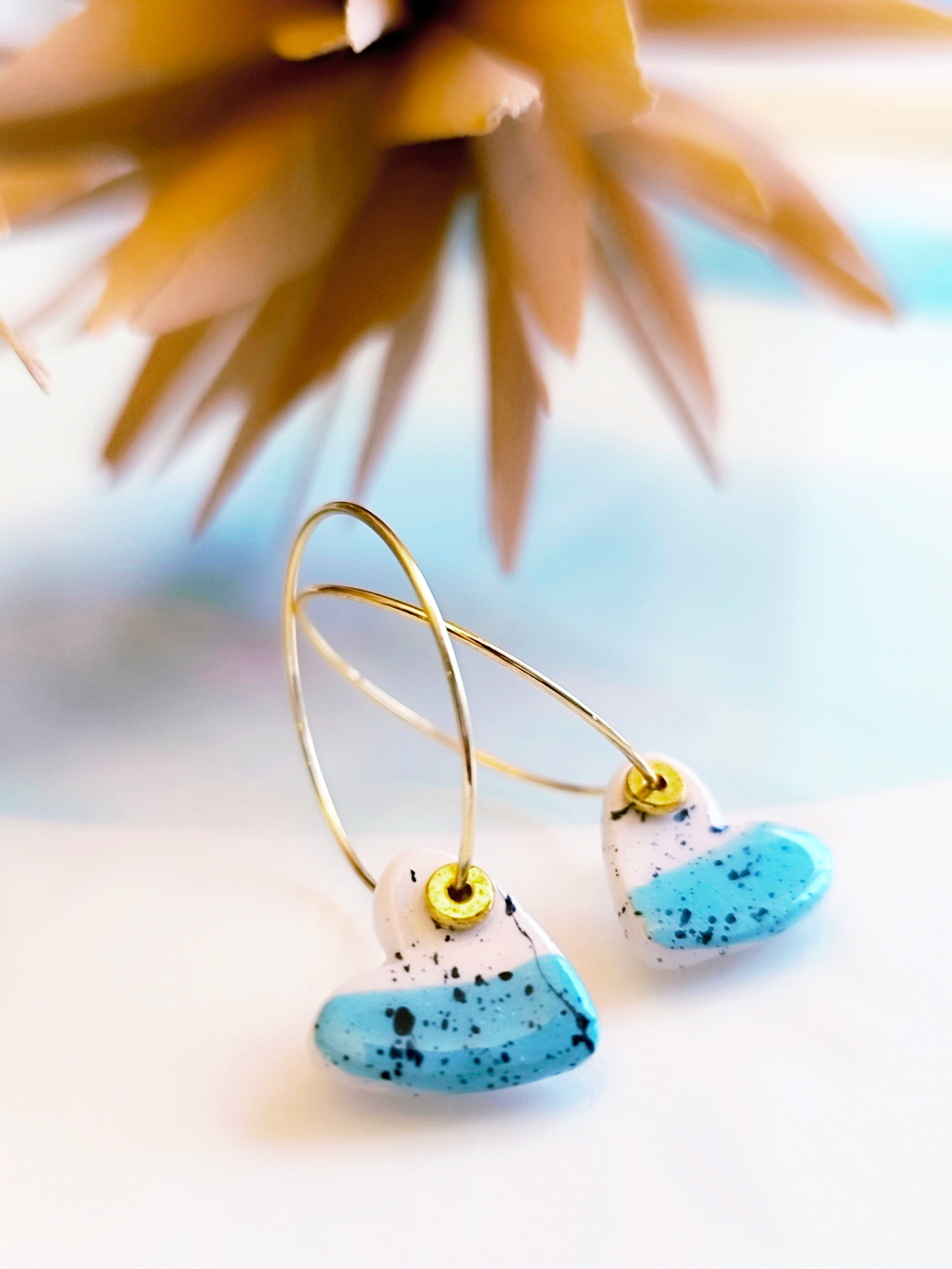 HEART SHAPED ceramic dangle earrings, WHITE & TURQUOISE