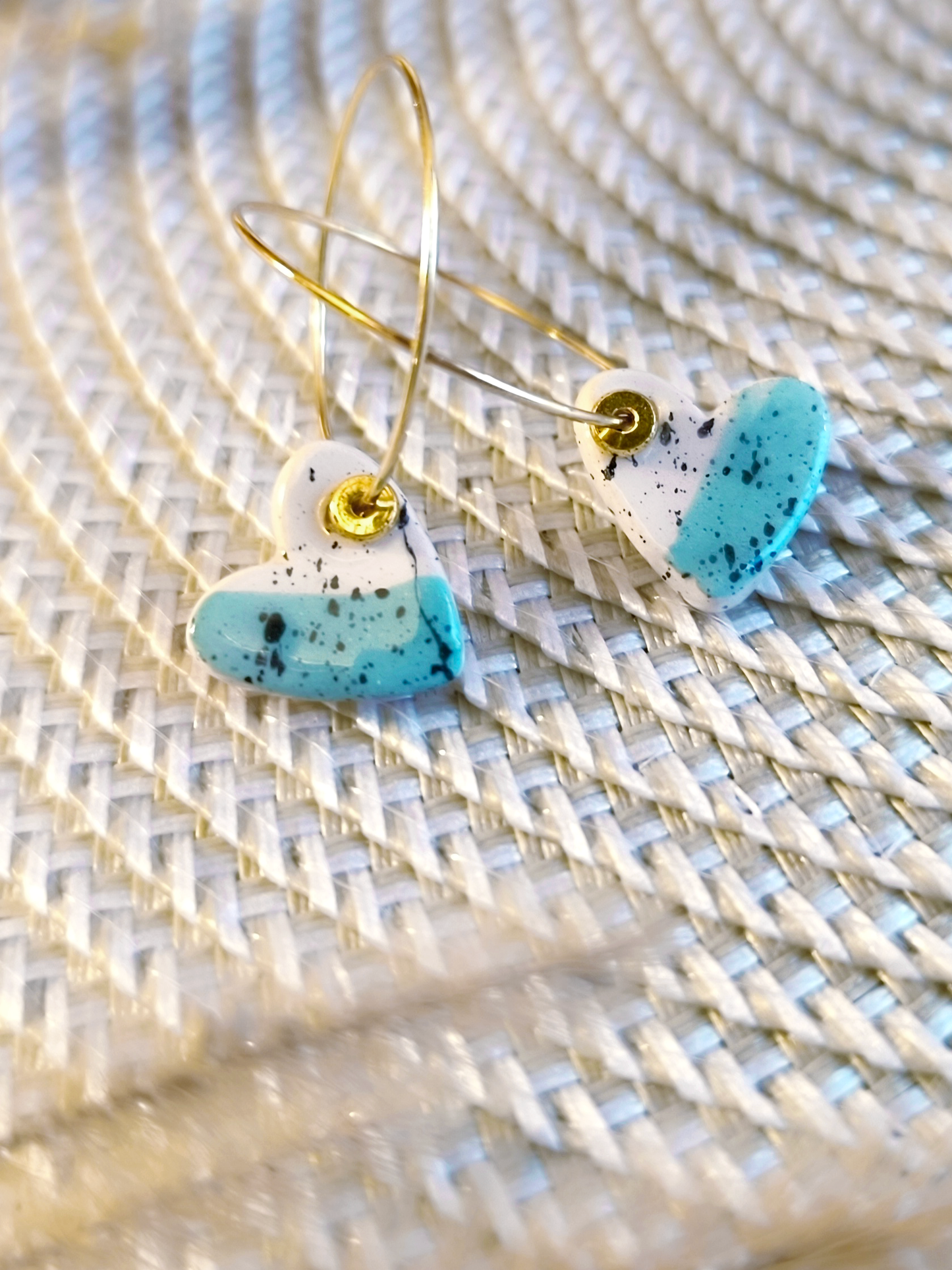 HEART SHAPED ceramic dangle earrings, WHITE & TURQUOISE