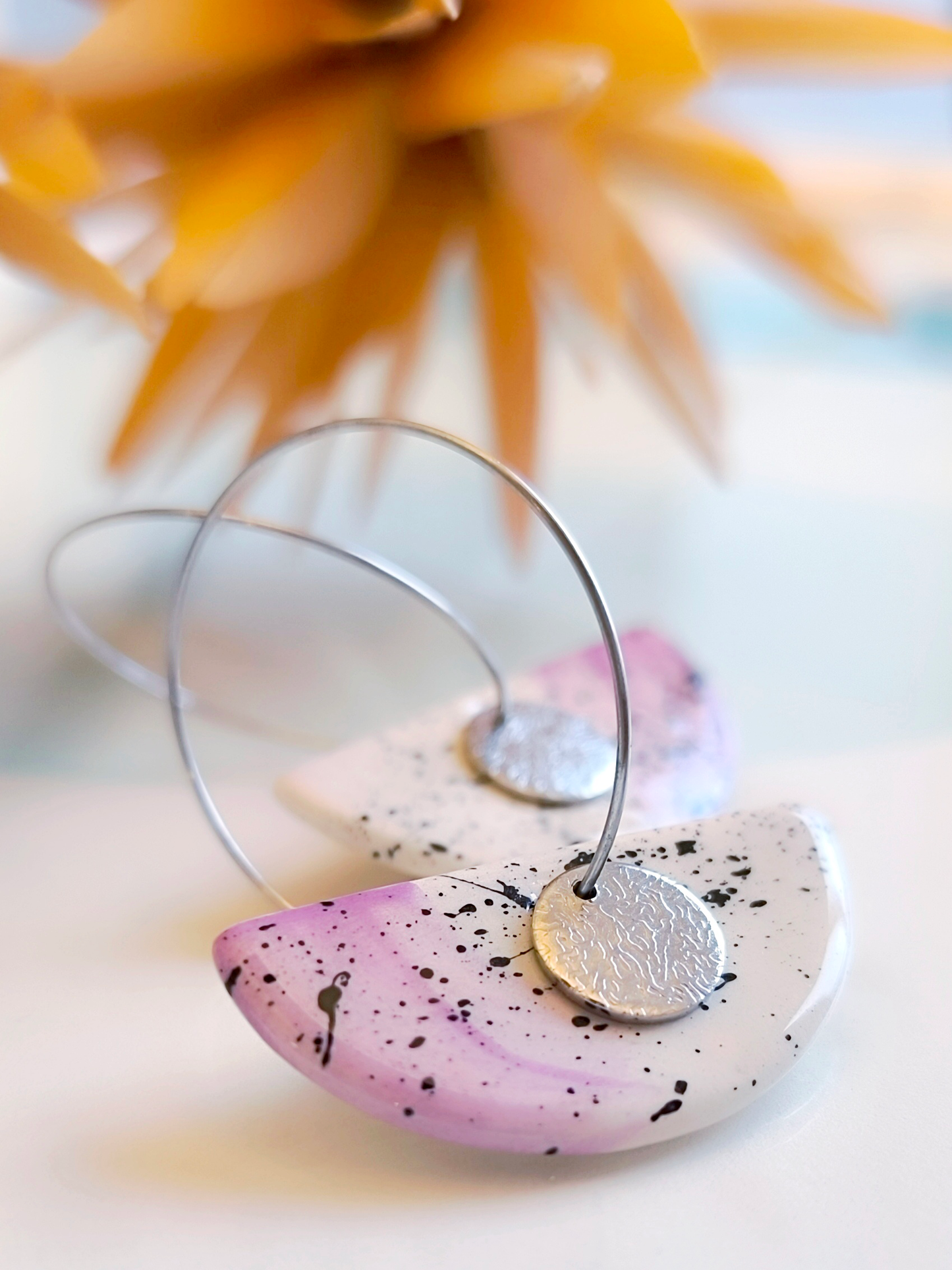 HALF MOON SHAPED ceramic dangle earrings, WHITE & PURPLE