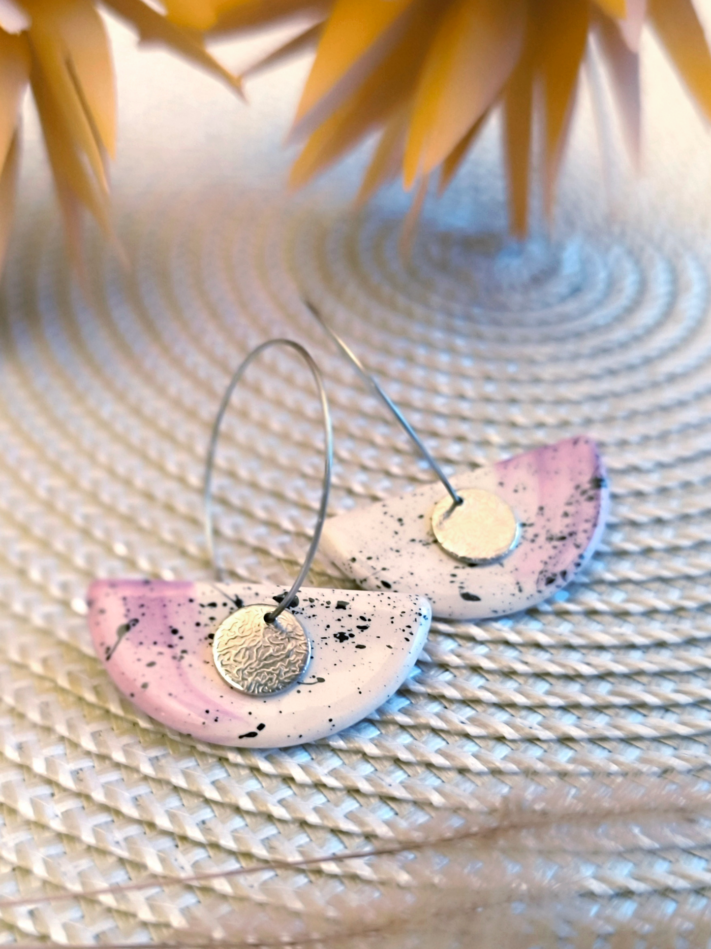 HALF MOON SHAPED ceramic dangle earrings, WHITE & PURPLE