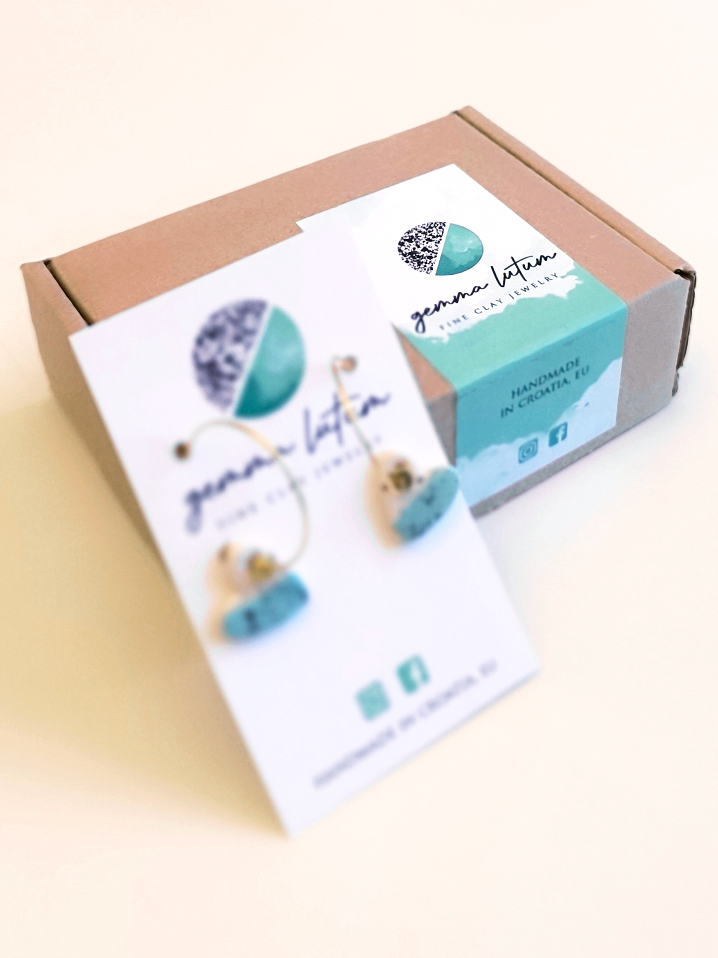 HEART SHAPED ceramic dangle earrings, WHITE & TURQUOISE