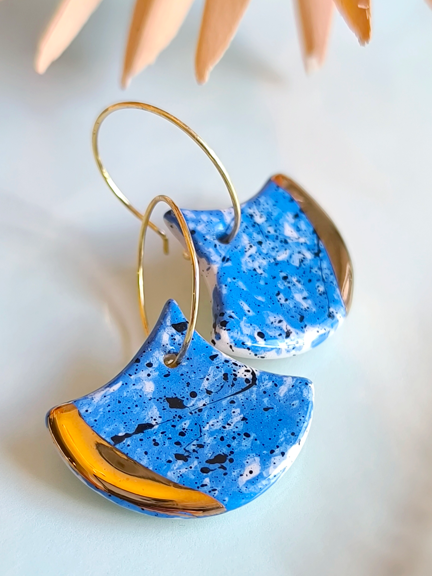 GINKGO SHAPED ceramic dangle earrings, BLUE & GOLD