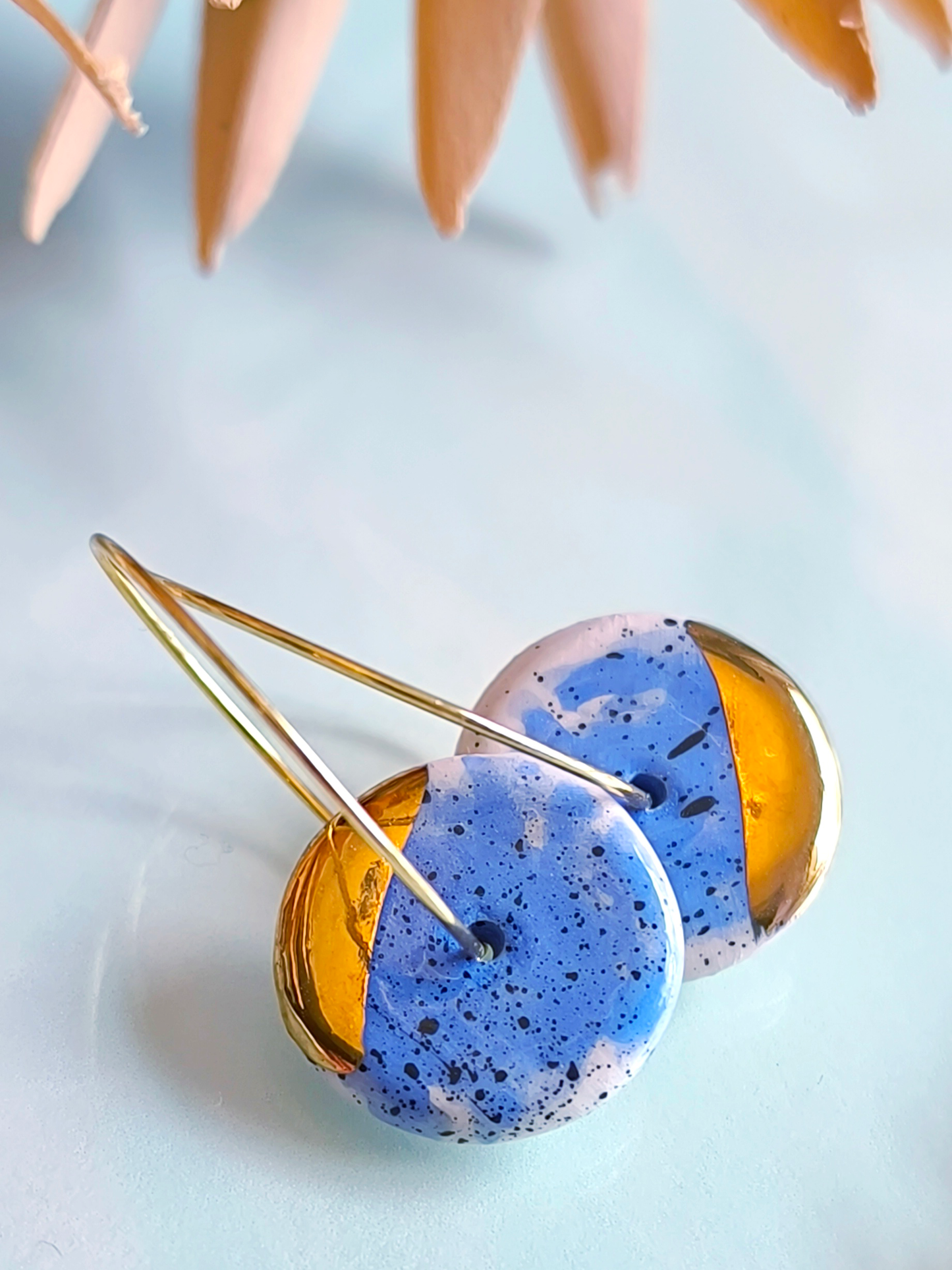 ROUND SHAPED ceramic dangle earrings, BLUE & GOLD