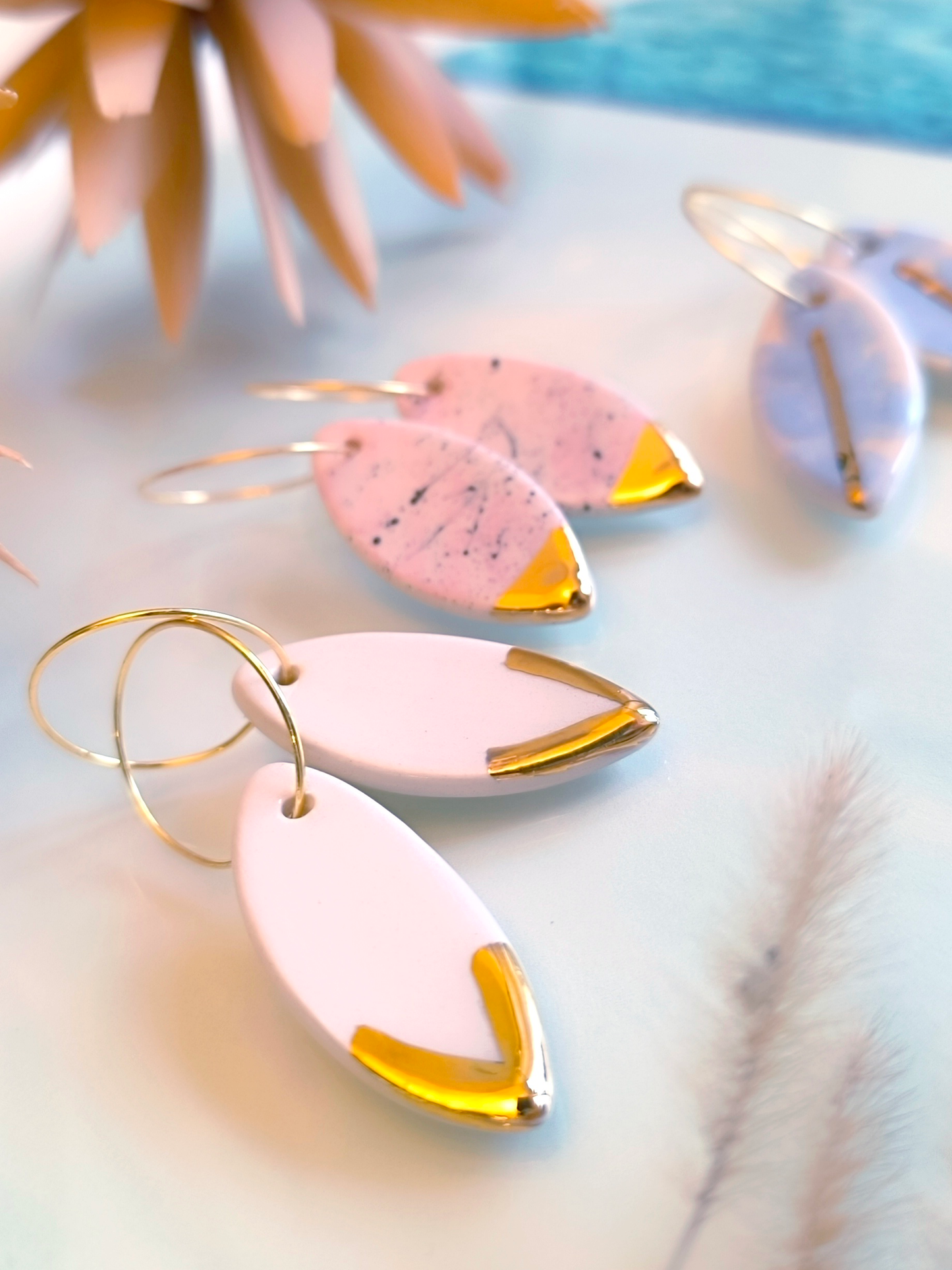 MARQUISE SHAPED ceramic dangle earrings, WHITE & GOLD