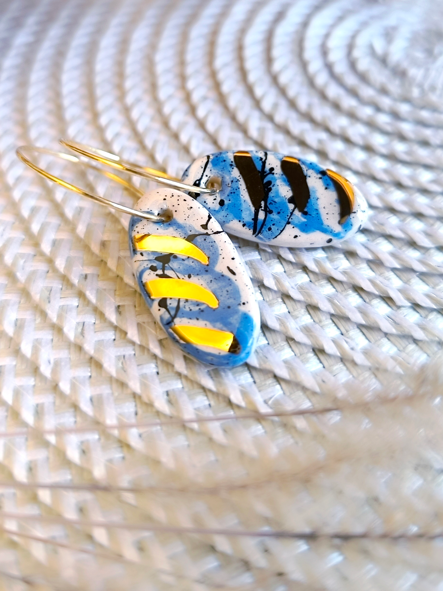 OVAL SHAPED ceramic dangle earrings, BLUE & GOLD