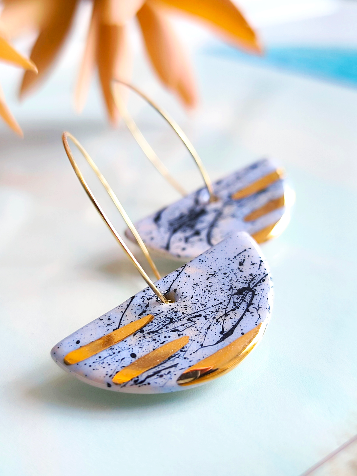 HALF MOON SHAPED ceramic dangle earrings, BABY BLUE & GOLD
