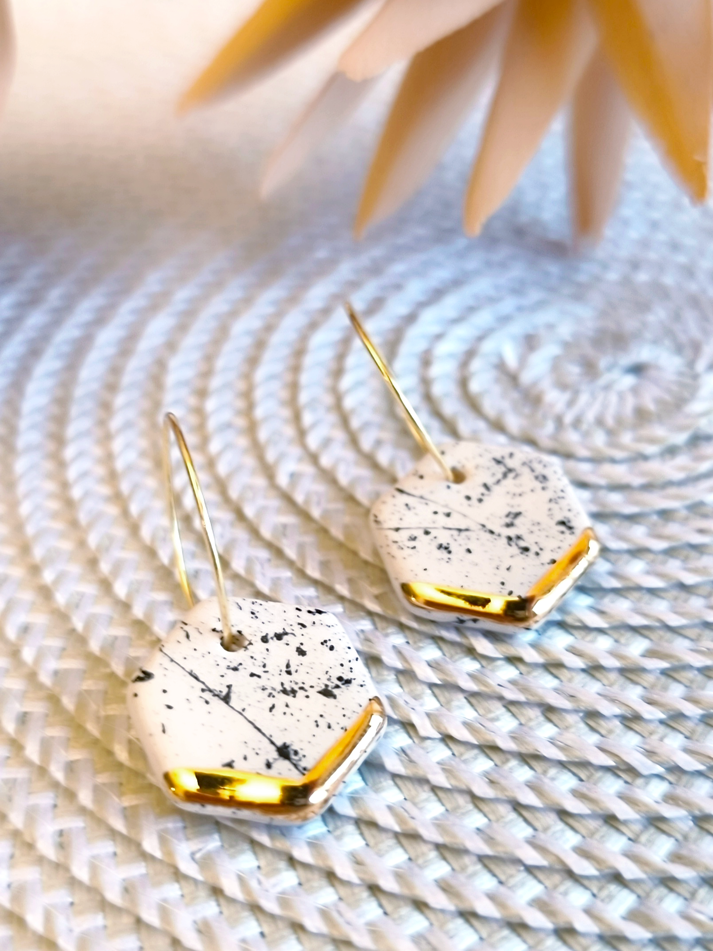 HEXAGON SHAPED ceramic dangle earrings, WHITE & GOLD