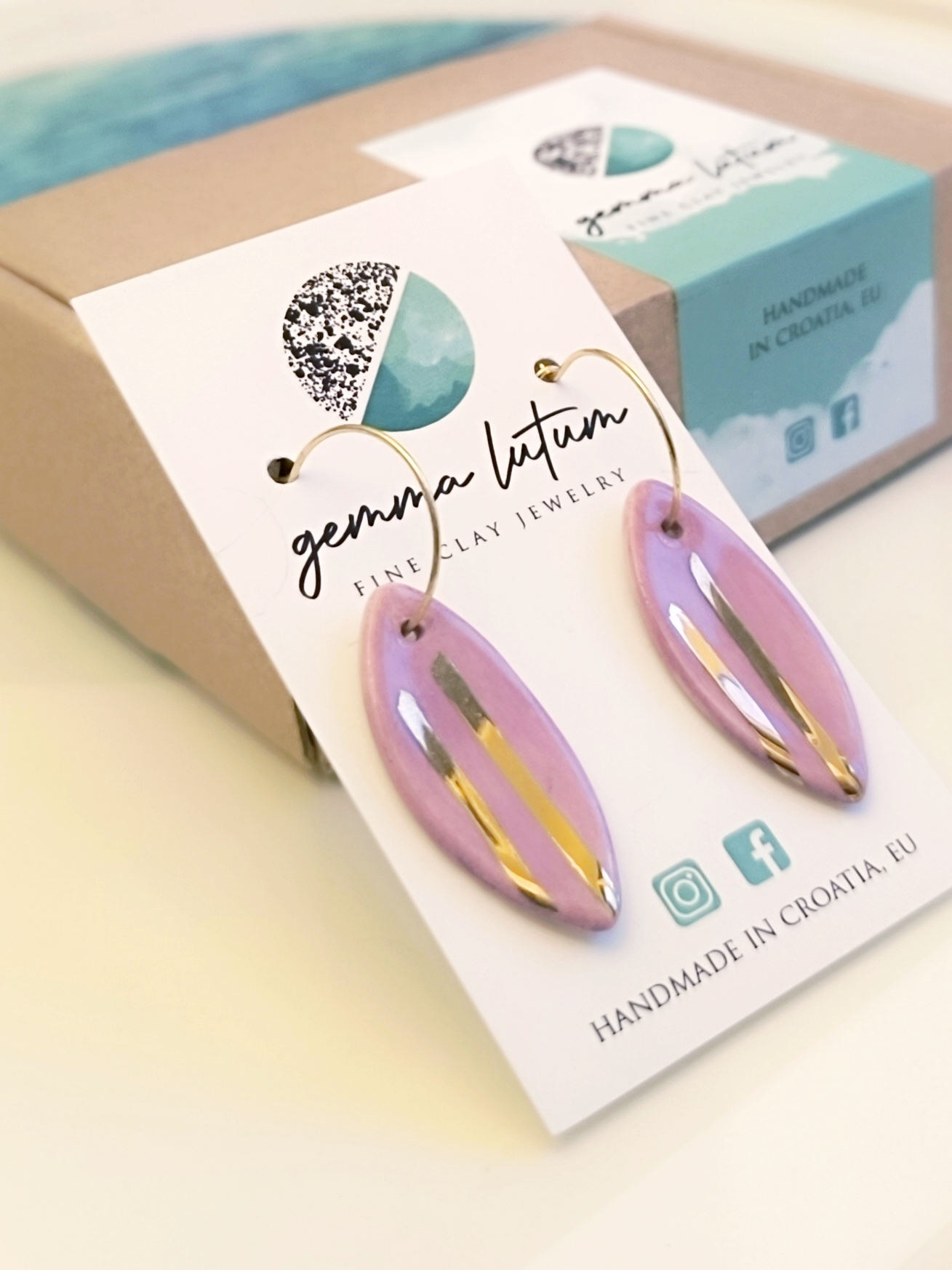 MARQUISE SHAPED ceramic dangle earrings, PURPLE & GOLD