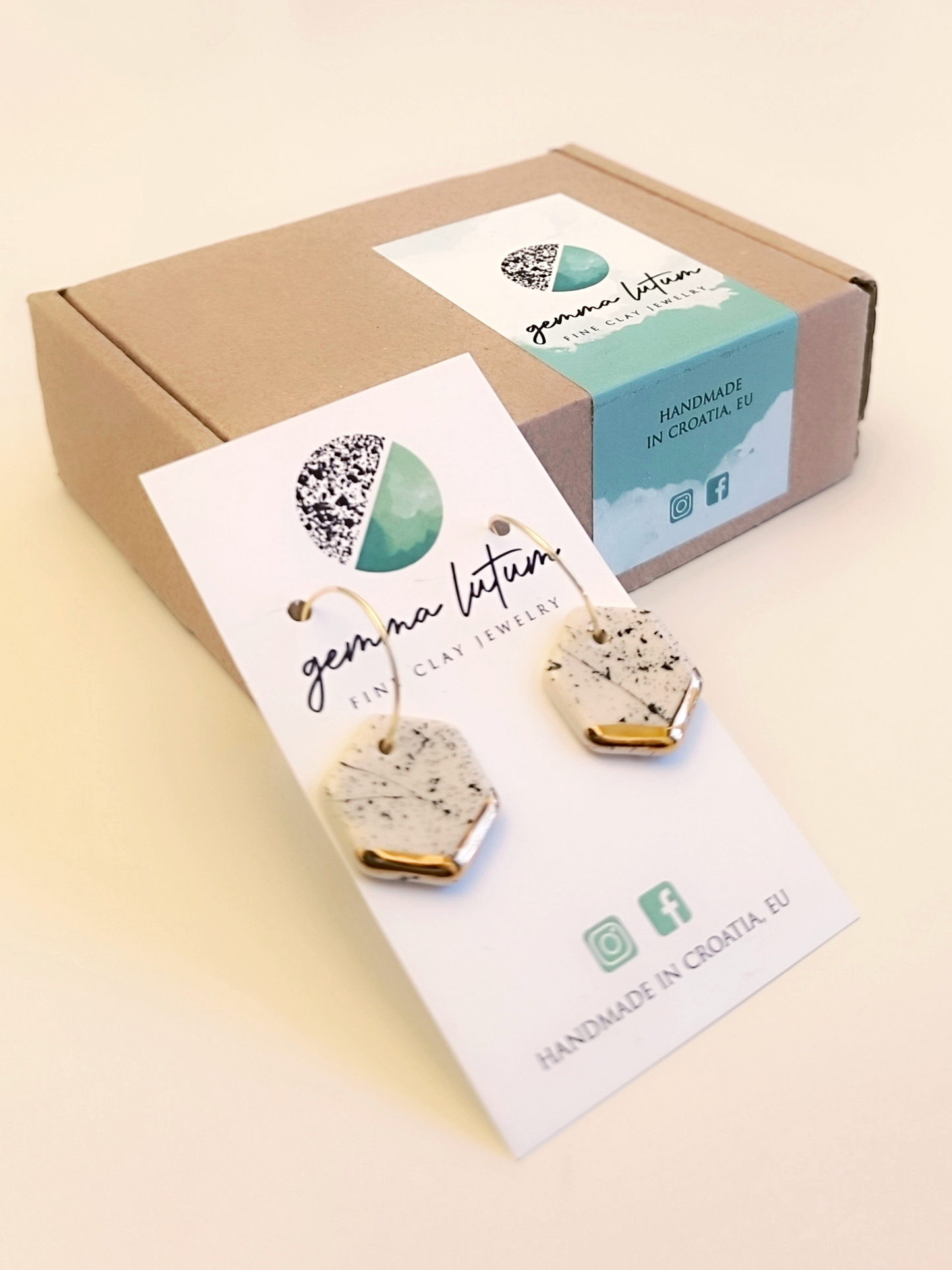 HEXAGON SHAPED ceramic dangle earrings, WHITE & GOLD