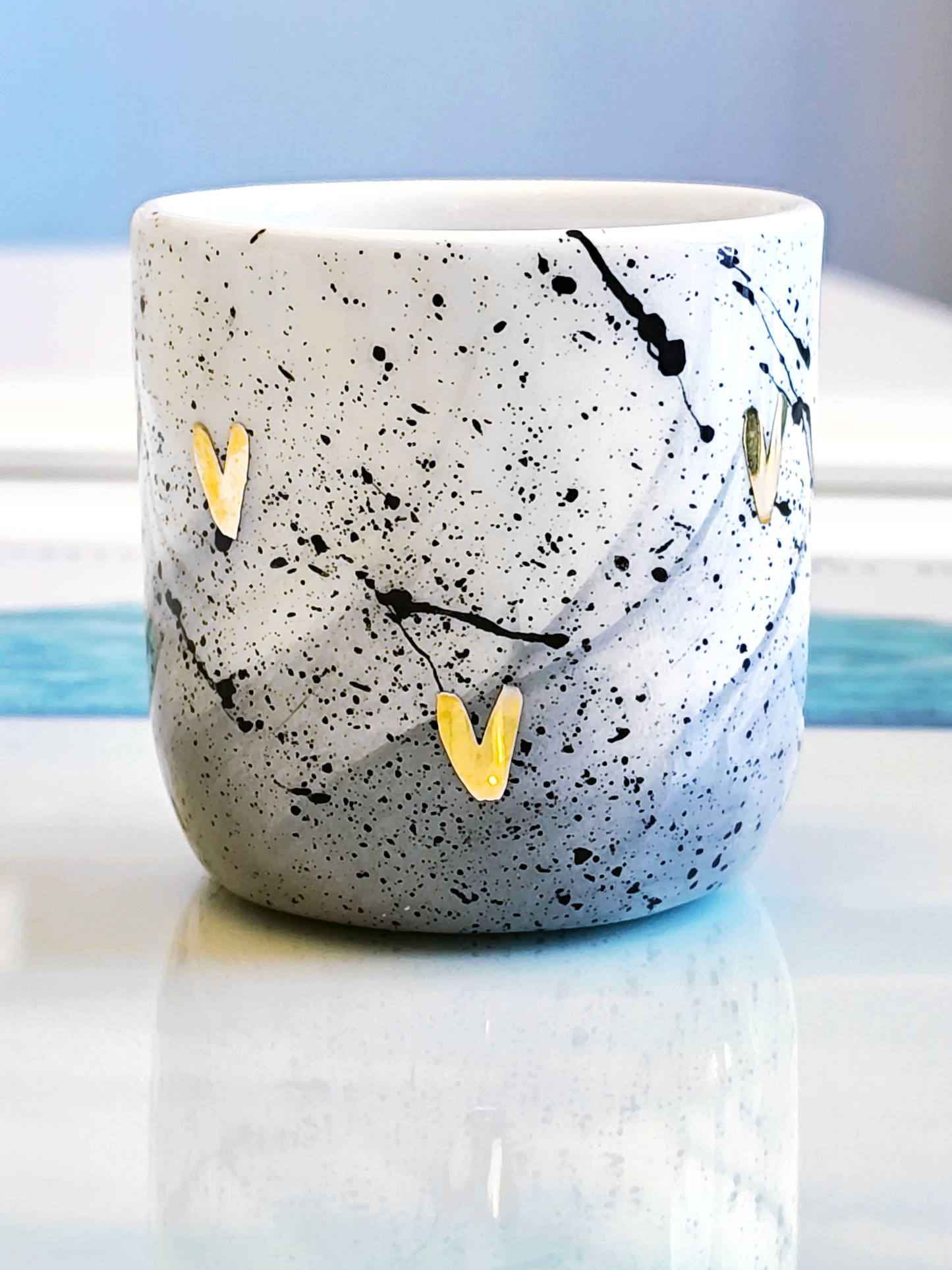 CERAMIC CUP, gray with gold hearts, 80ml