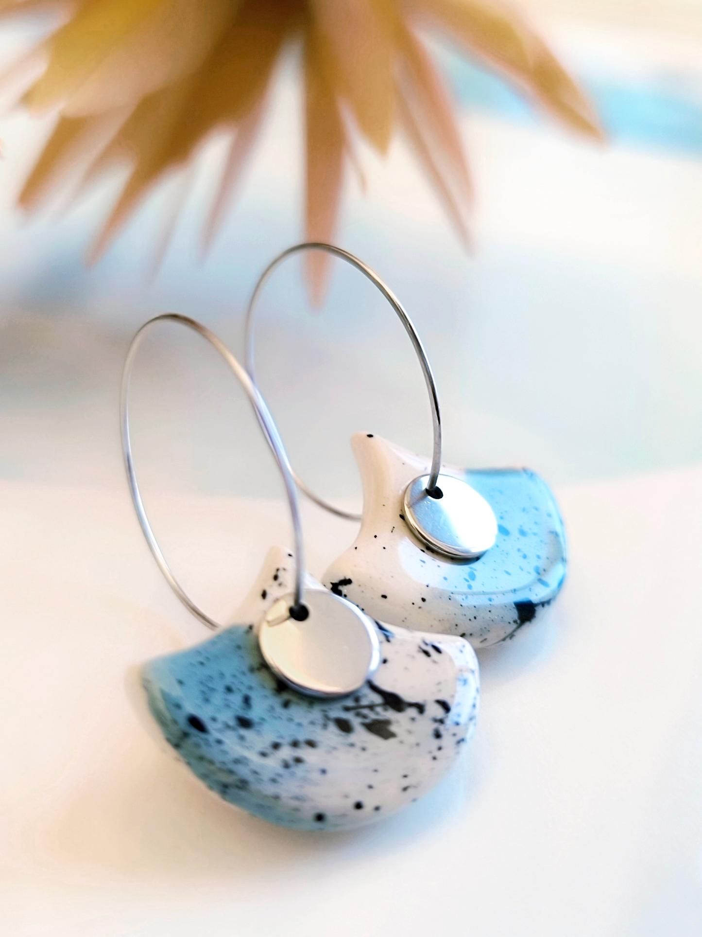 GINKGO SHAPED ceramic dangle earrings, WHITE & MINT