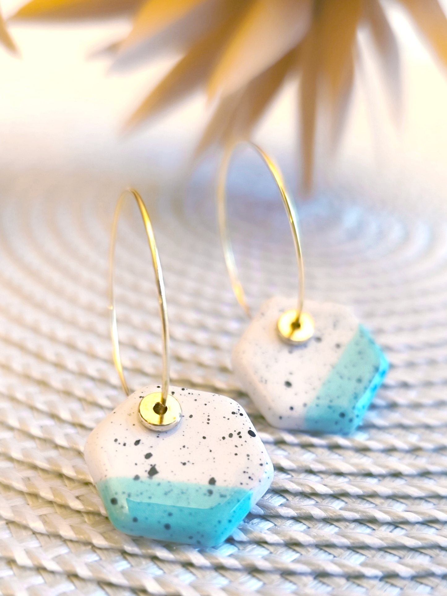 HEXAGON SHAPED ceramic dangle earrings, WHITE & TURQUOISE