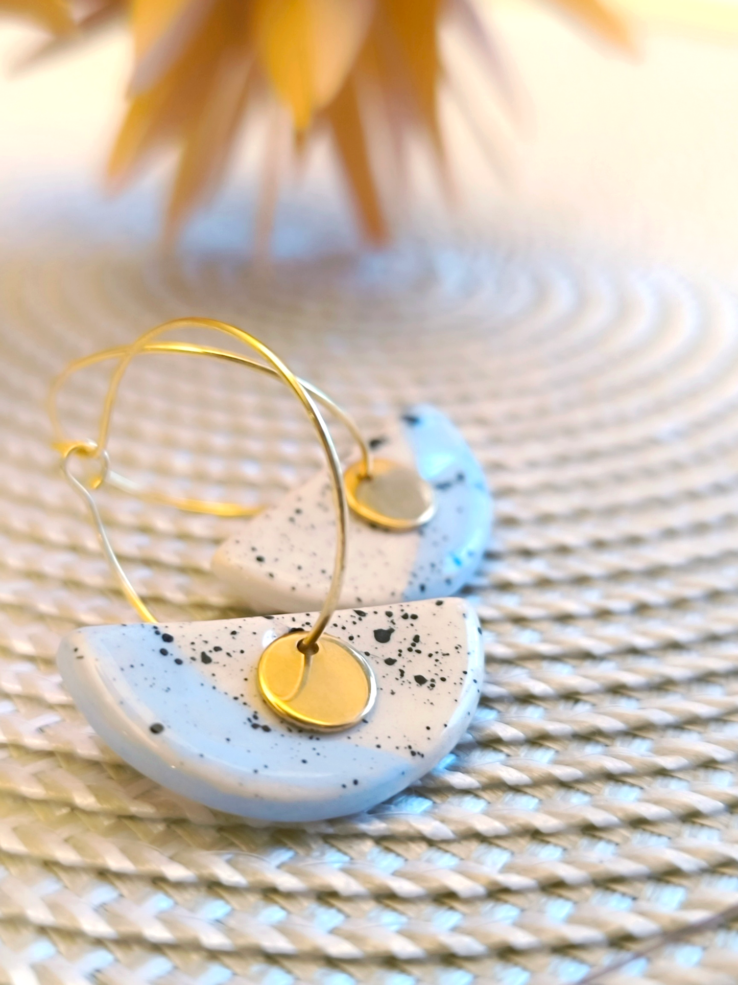 HALF MOON SHAPED ceramic dangle earrings, WHITE & BABY BLUE