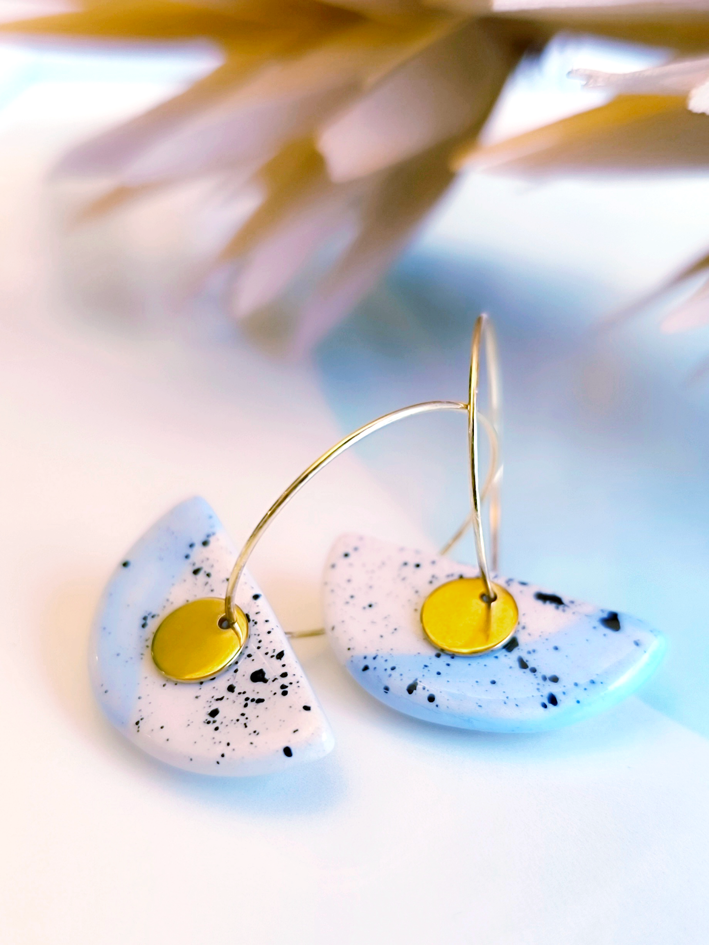 HALF MOON SHAPED ceramic dangle earrings, WHITE & BABY BLUE