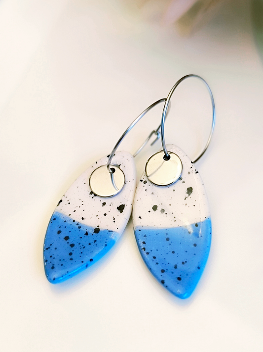 MARQUISE SHAPED ceramic dangle earrings, WHITE & BLUE