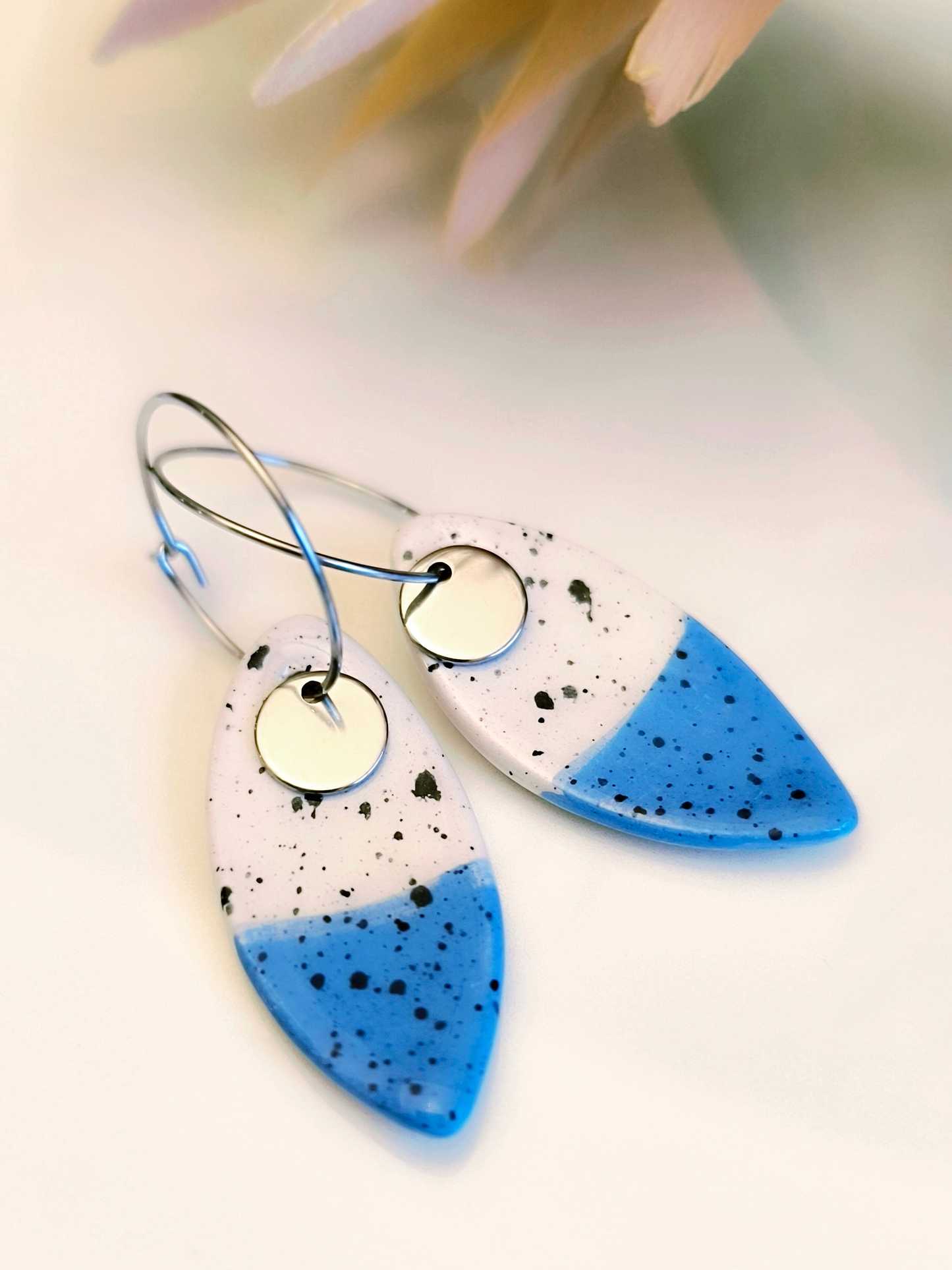MARQUISE SHAPED ceramic dangle earrings, WHITE & BLUE