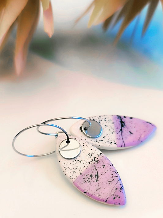 MARQUISE SHAPED ceramic dangle earrings, WHITE & PURPLE