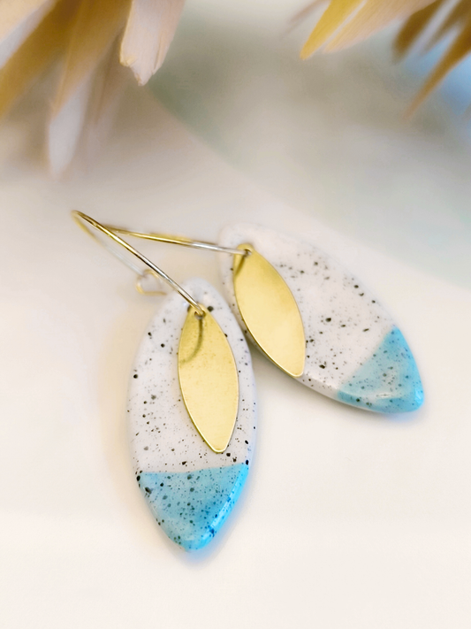 MARQUISE SHAPED ceramic dangle earrings, WHITE & TURQUOISE