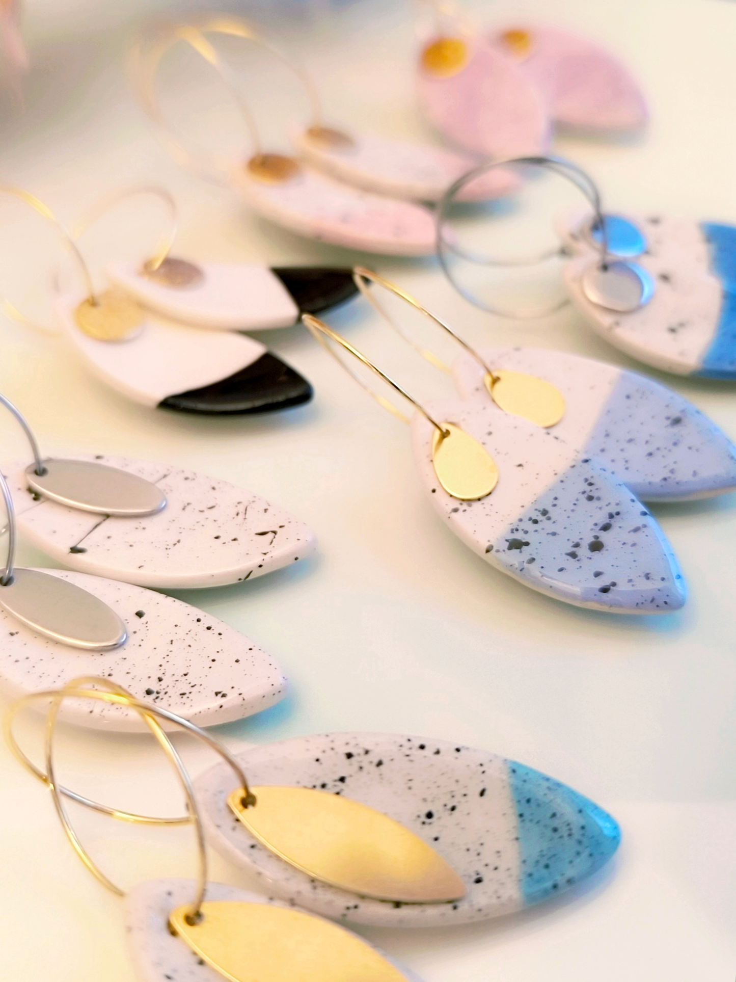 MARQUISE SHAPED ceramic dangle earrings, WHITE & TURQUOISE