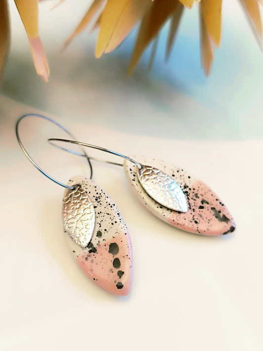 MARQUISE SHAPED ceramic dangle earrings, WHITE & PINK