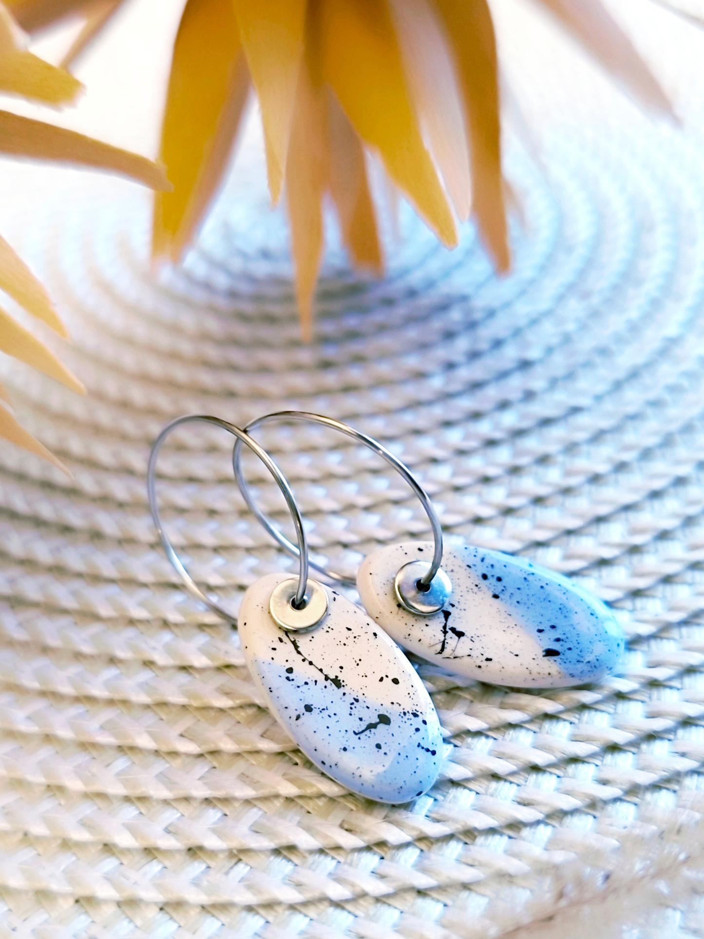 OVAL SHAPED ceramic dangle earrings, WHITE & BABY BLUE