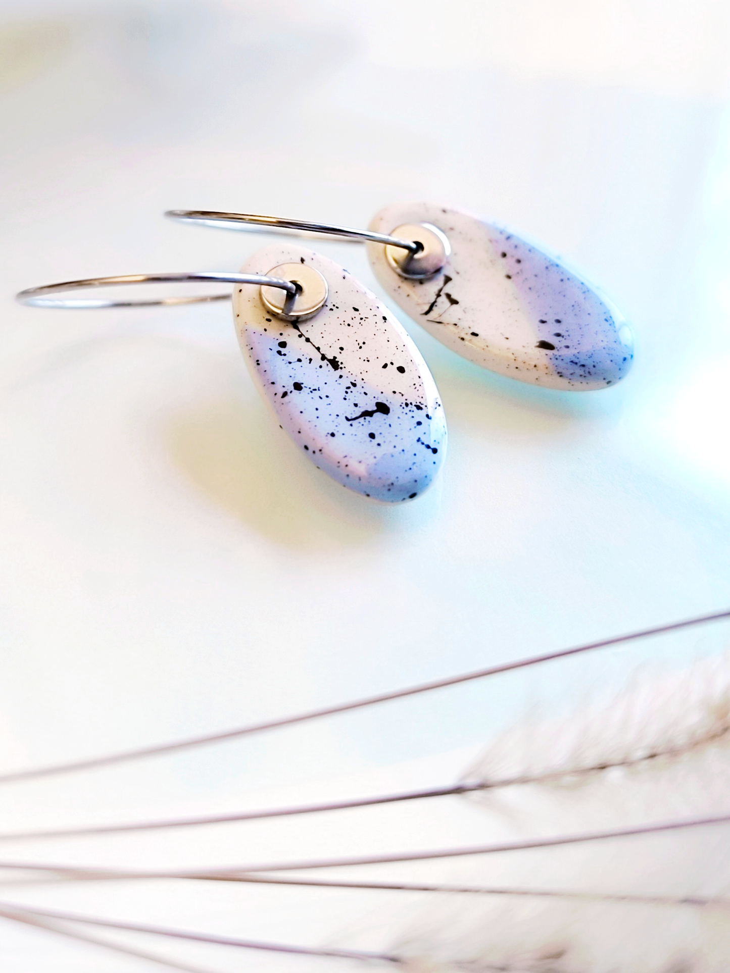 OVAL SHAPED ceramic dangle earrings, WHITE & BABY BLUE