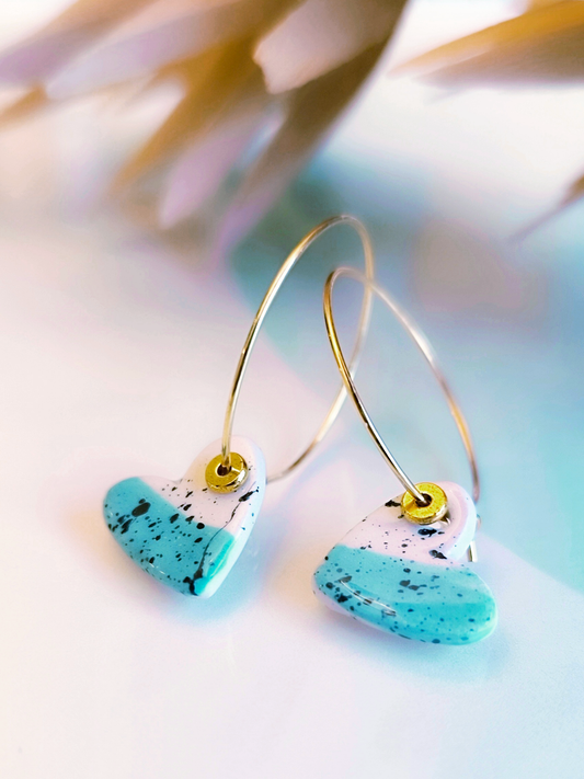 HEART SHAPED ceramic dangle earrings, WHITE & TURQUOISE