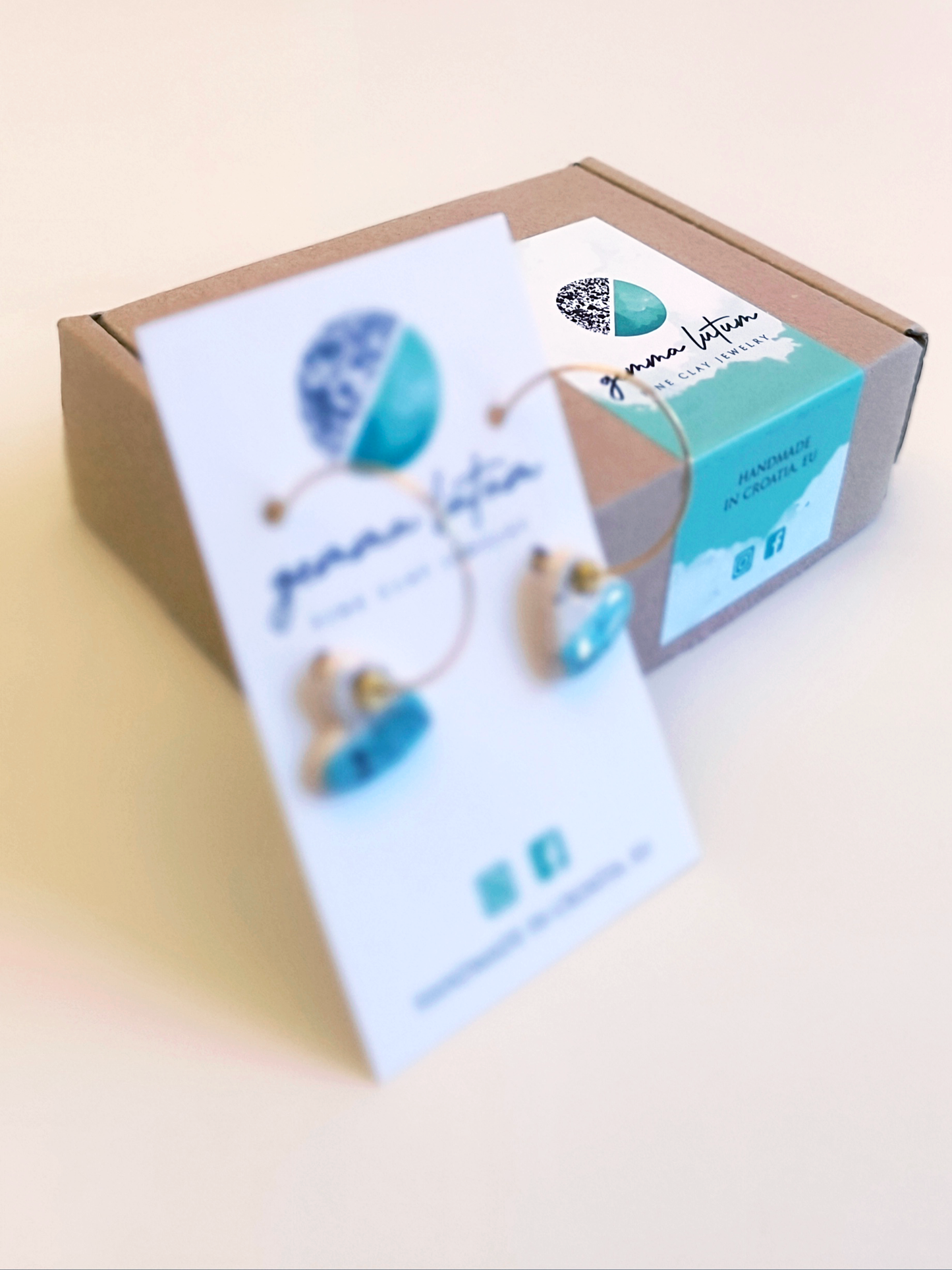 HEART SHAPED ceramic dangle earrings, WHITE & TURQUOISE