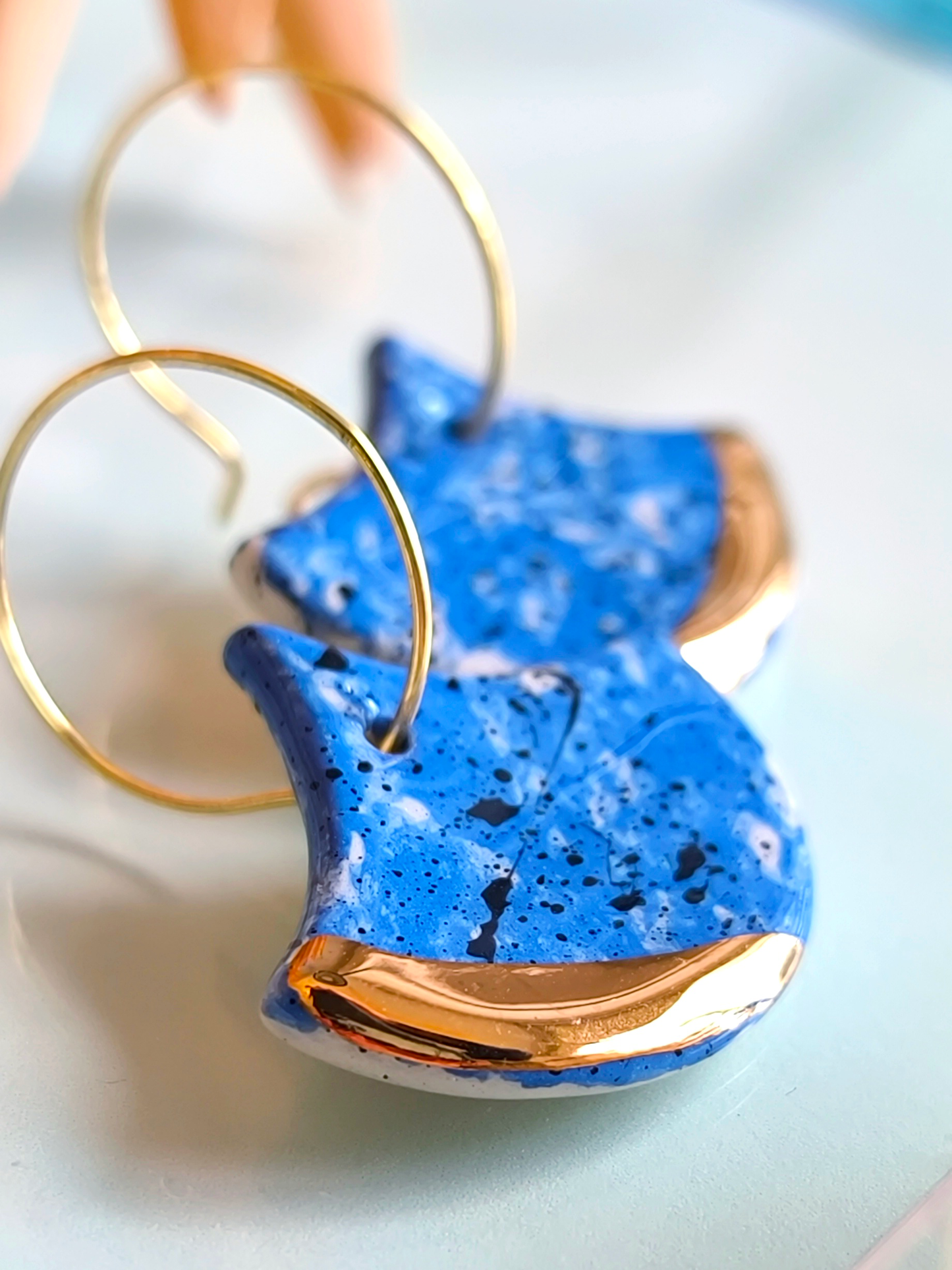 GINKGO SHAPED ceramic dangle earrings, BLUE & GOLD