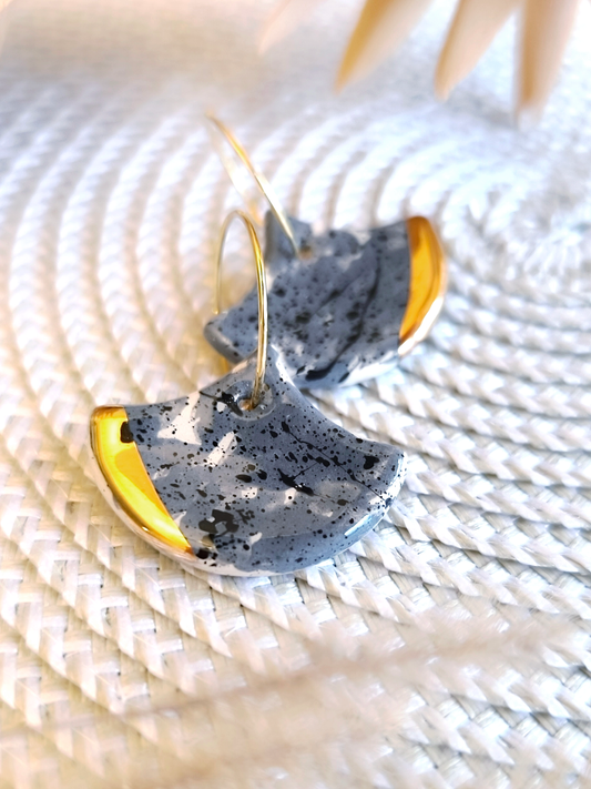 GINKGO SHAPED ceramic dangle earrings, GRAY & GOLD