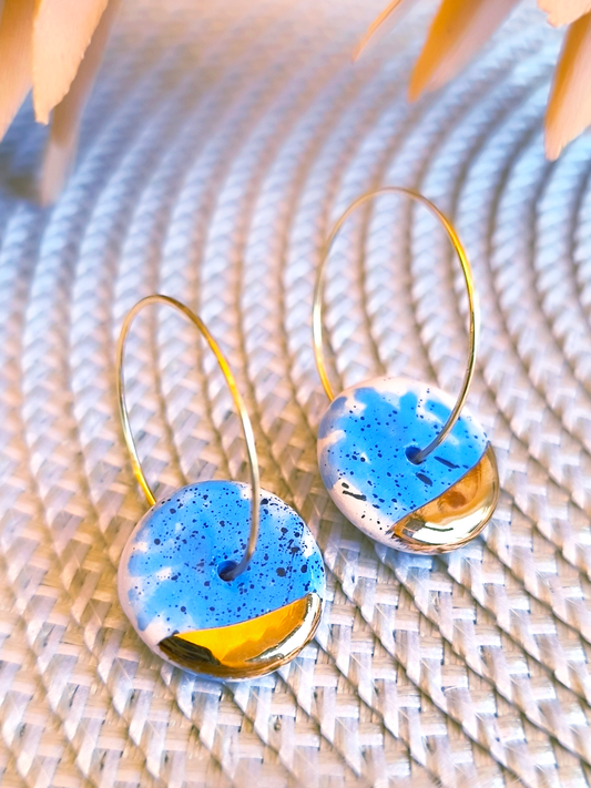 ROUND SHAPED ceramic dangle earrings, BLUE & GOLD