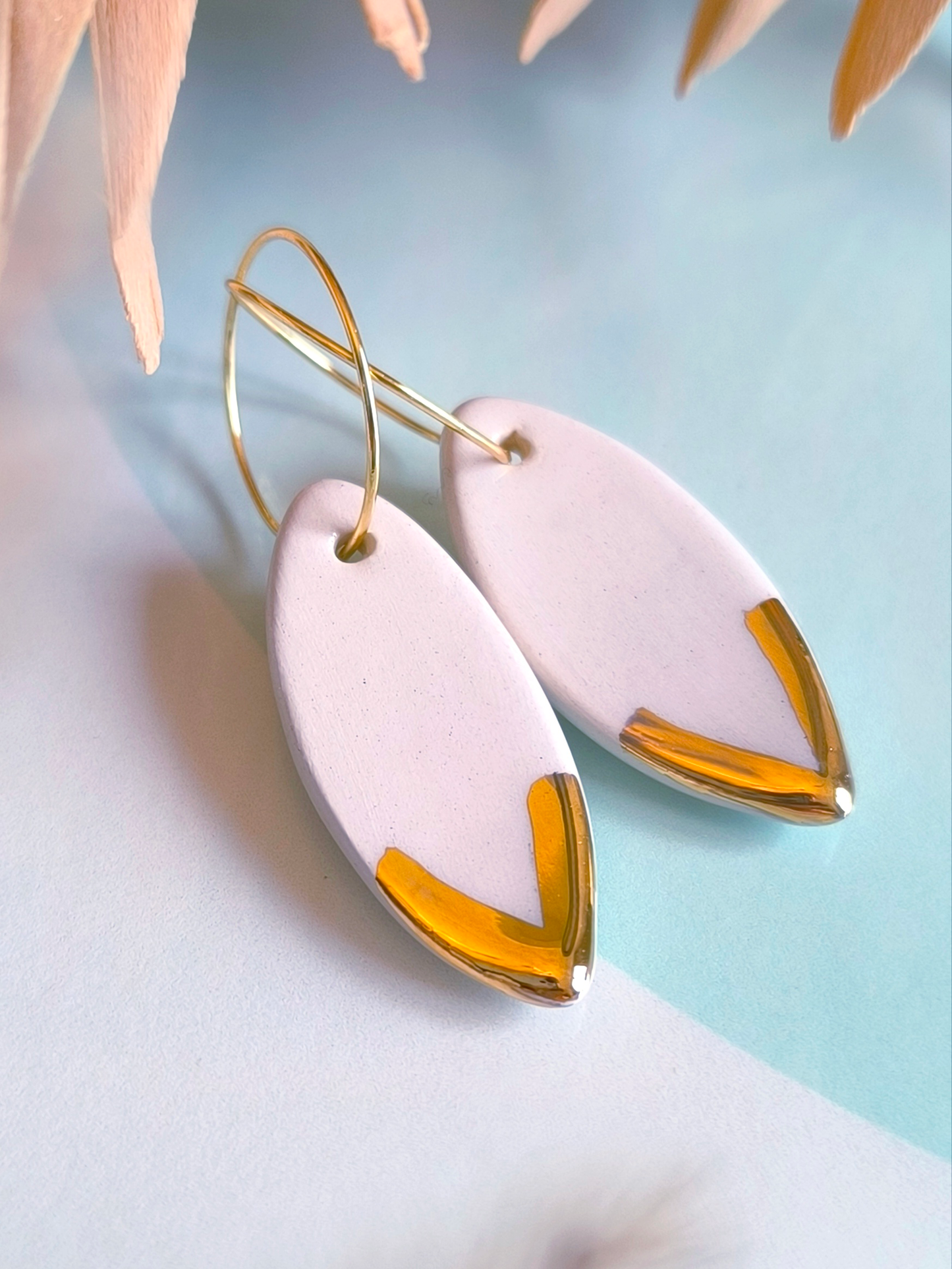 MARQUISE SHAPED ceramic dangle earrings, WHITE & GOLD