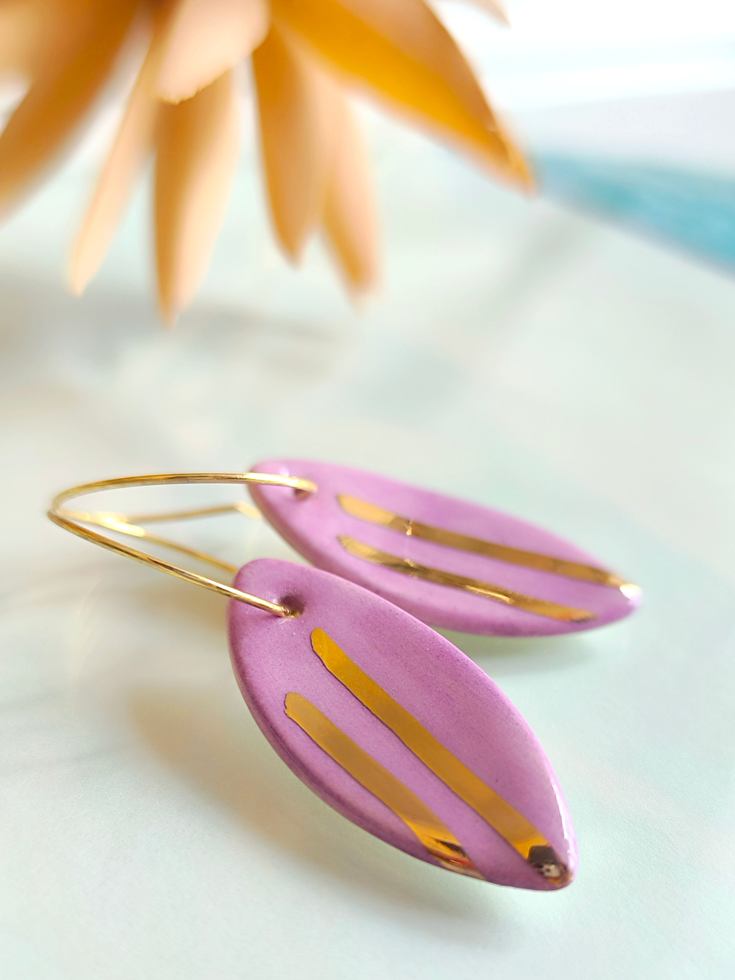 MARQUISE SHAPED ceramic dangle earrings, PURPLE & GOLD