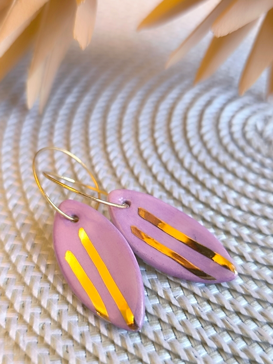 MARQUISE SHAPED ceramic dangle earrings, PURPLE & GOLD