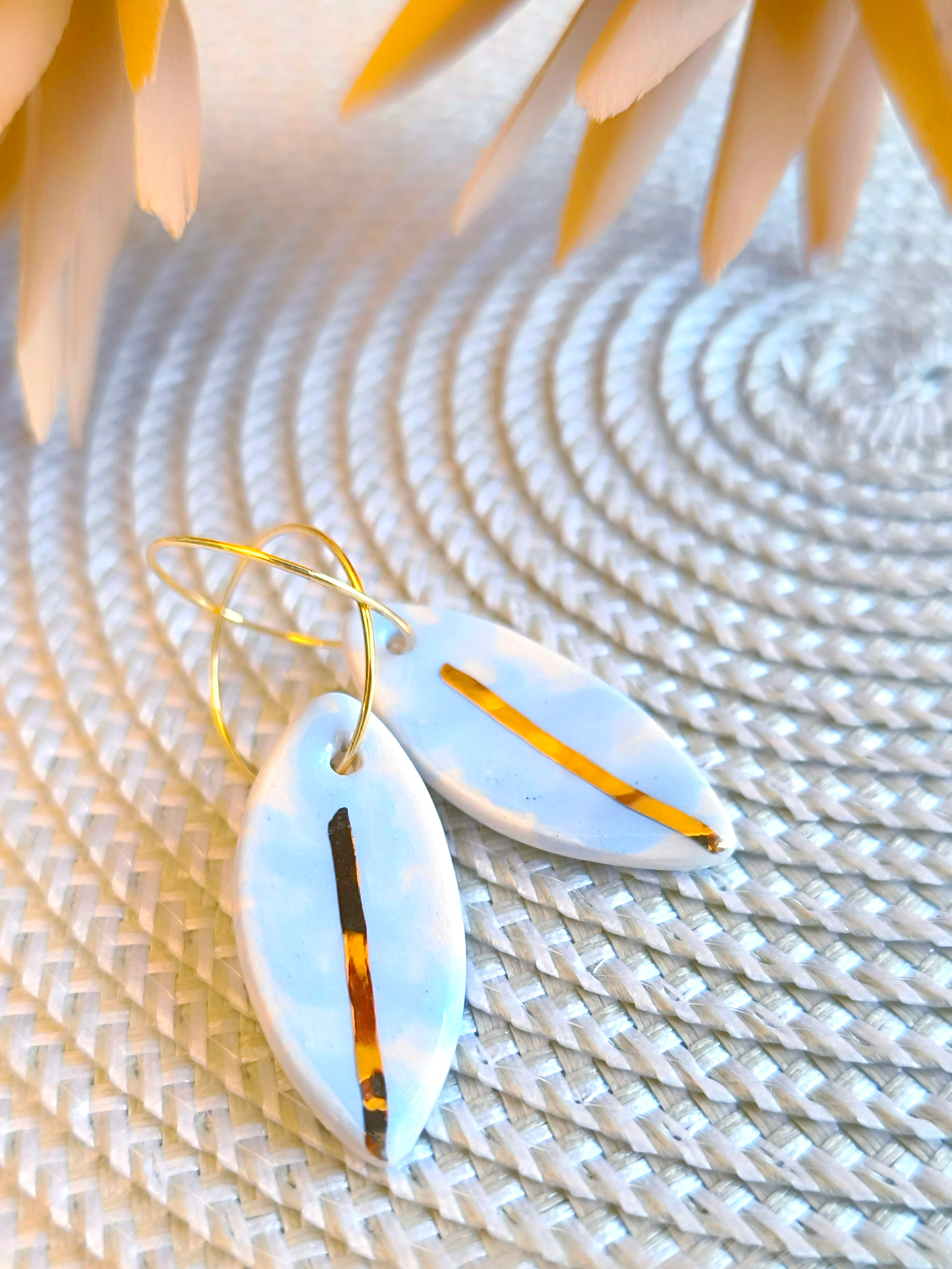 MARQUISE SHAPED ceramic dangle earrings, BABY BLUE & GOLD