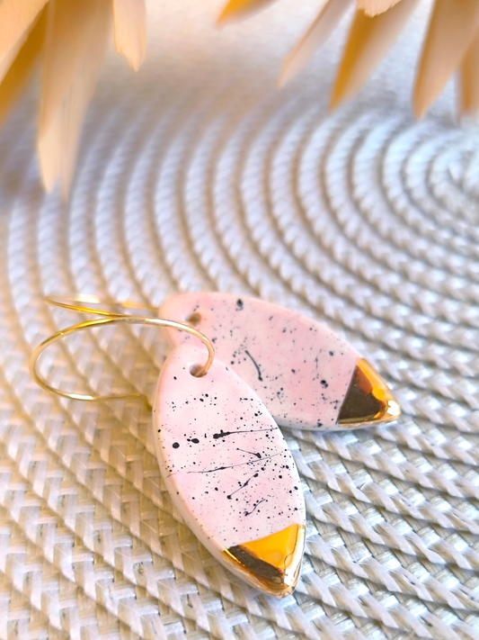 MARQUISE SHAPED ceramic dangle earrings, PINK & GOLD