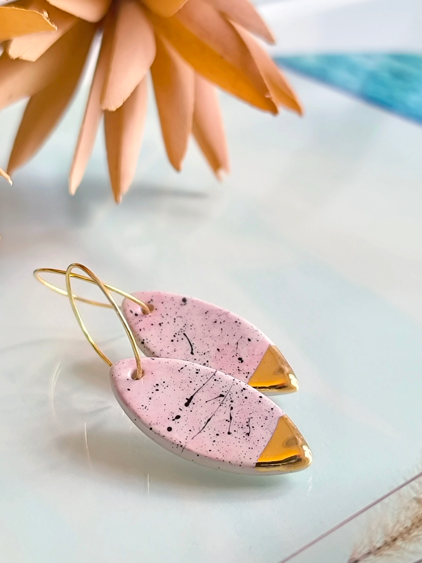 MARQUISE SHAPED ceramic dangle earrings, PINK & GOLD