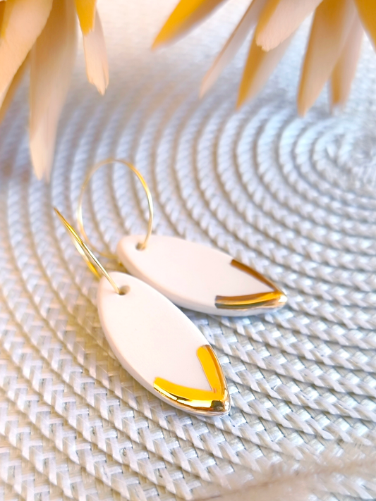 MARQUISE SHAPED ceramic dangle earrings, WHITE & GOLD