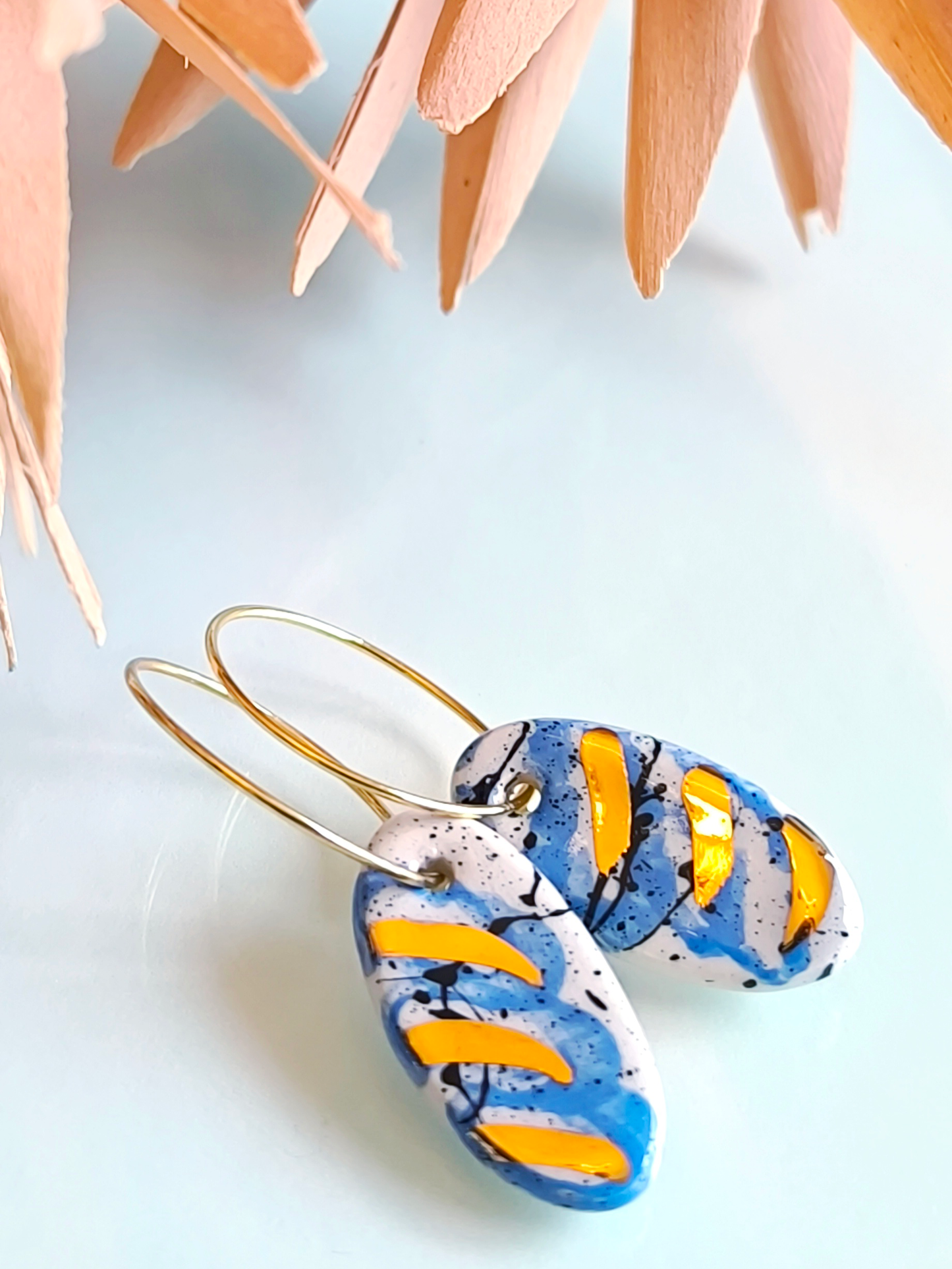 OVAL SHAPED ceramic dangle earrings, BLUE & GOLD