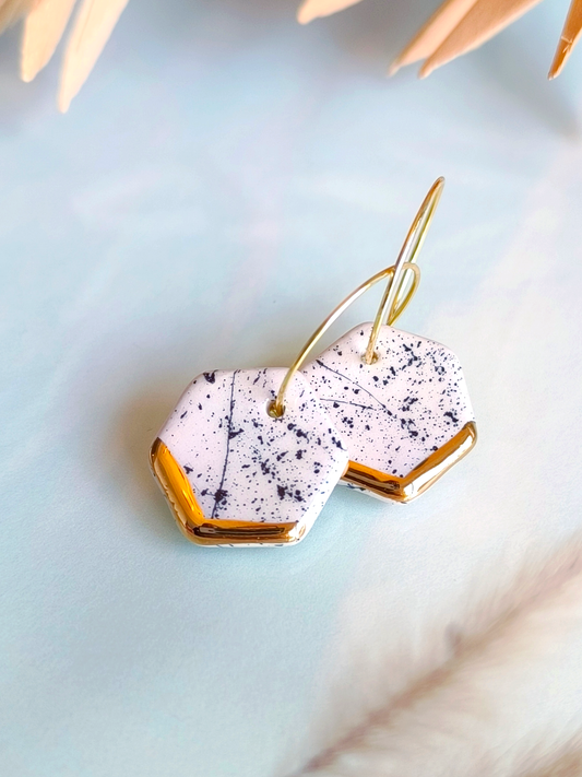 HEXAGON SHAPED ceramic dangle earrings, WHITE & GOLD